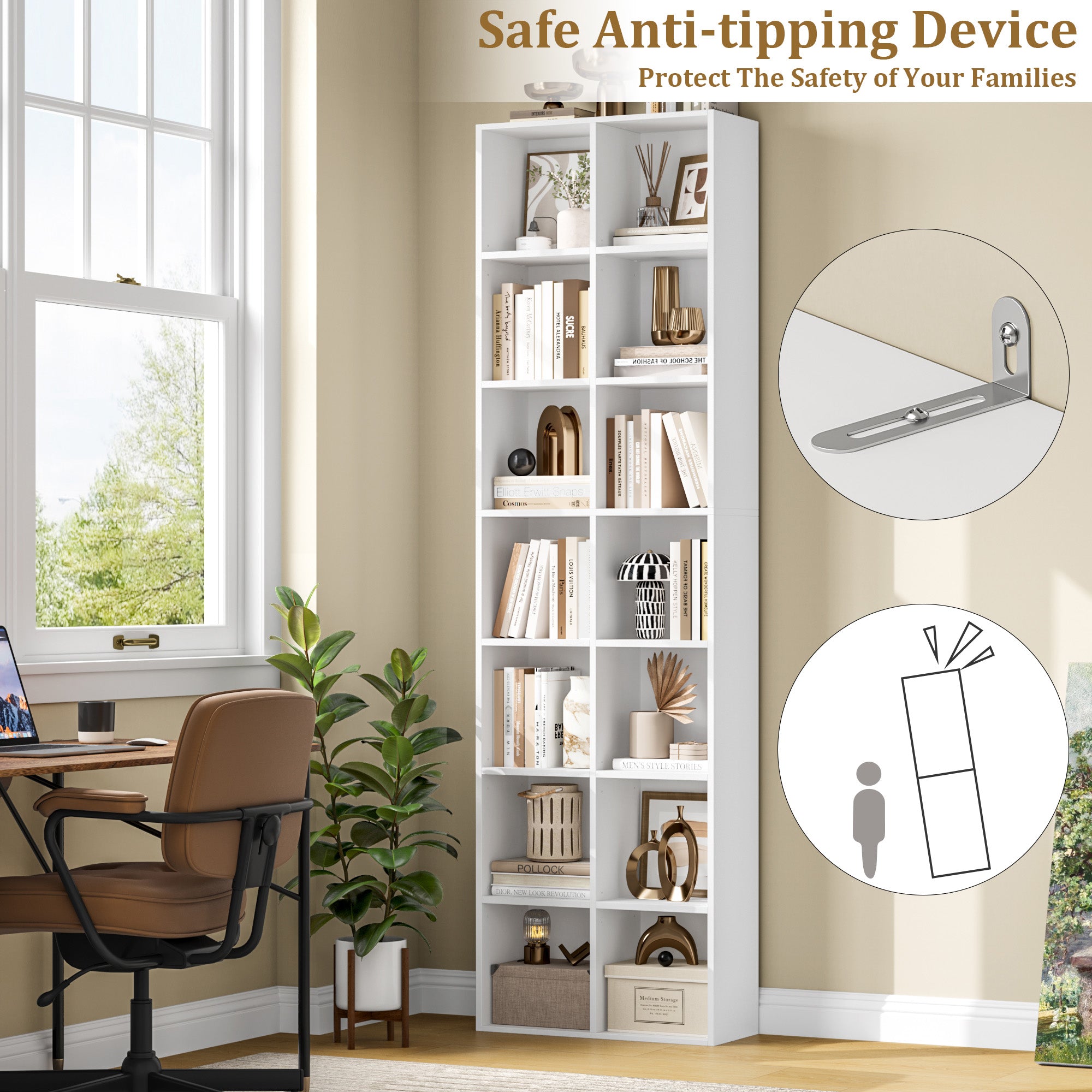 Hiphuta Tall Narrow Bookshelf 14 Tiers, Compact Corner Bookcase, Easy to Match for Living Room, Office, Study, Bedroom, White