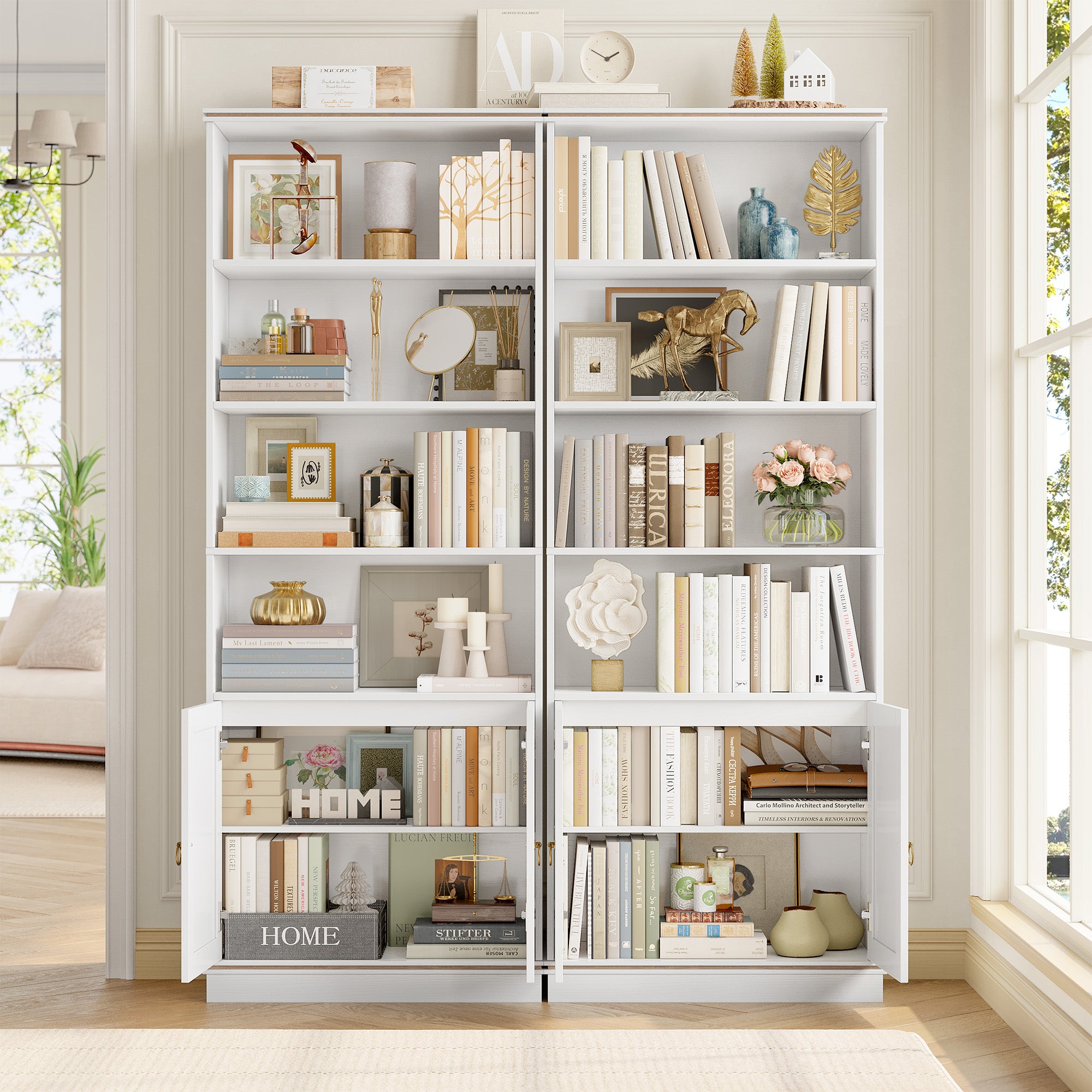 Hiphuta 73"Tall bookshelves with Storage, 4 Shelves Display Bookcase, Narrow Bookshelf with 2 Doors for Home Office, White