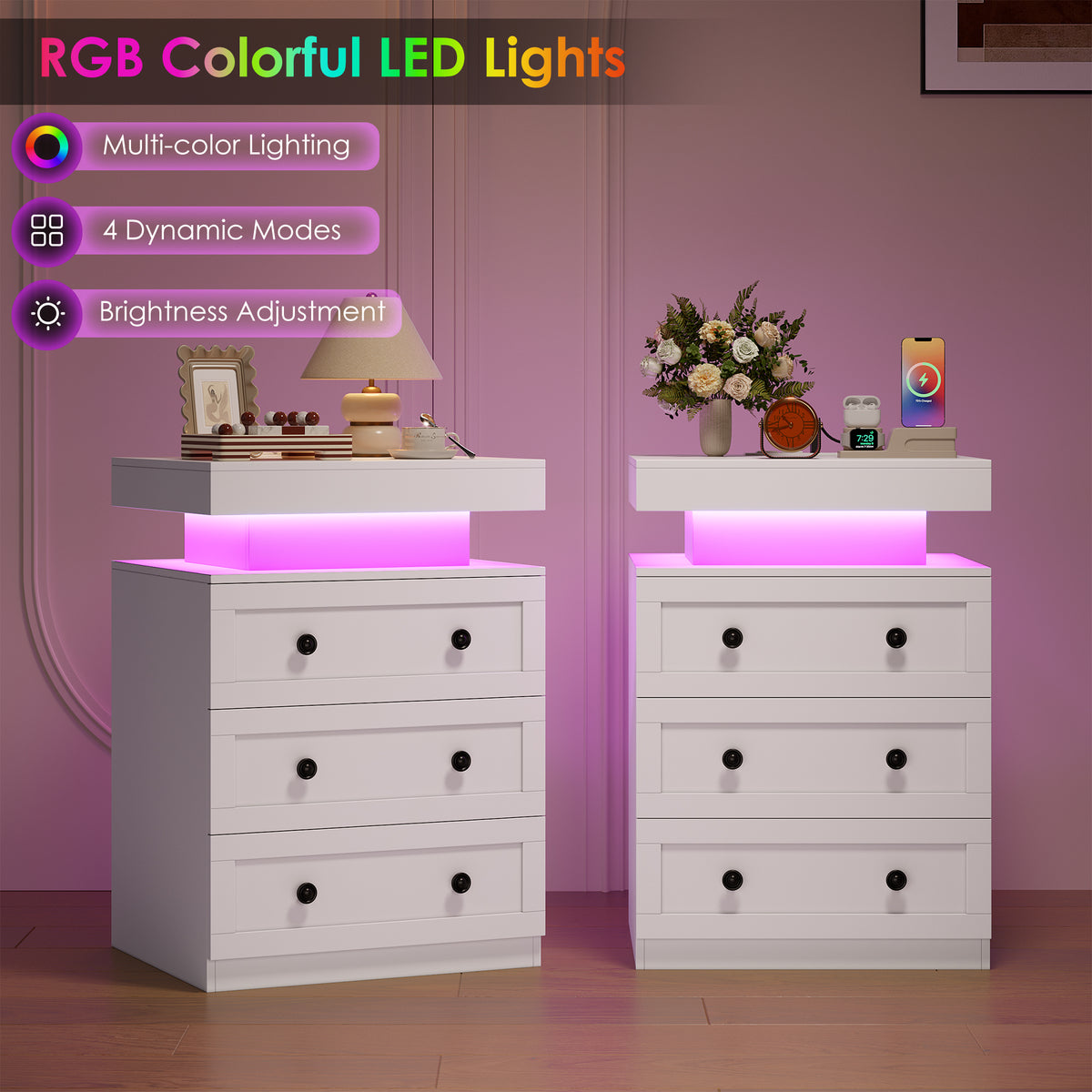 Hiphuta Set of 2 Nightstands with RGB LED and Charging Station for Bedroom, Sofa Tables with 3 Drawers for Living Room, Modern Beside Tables with Storage, White