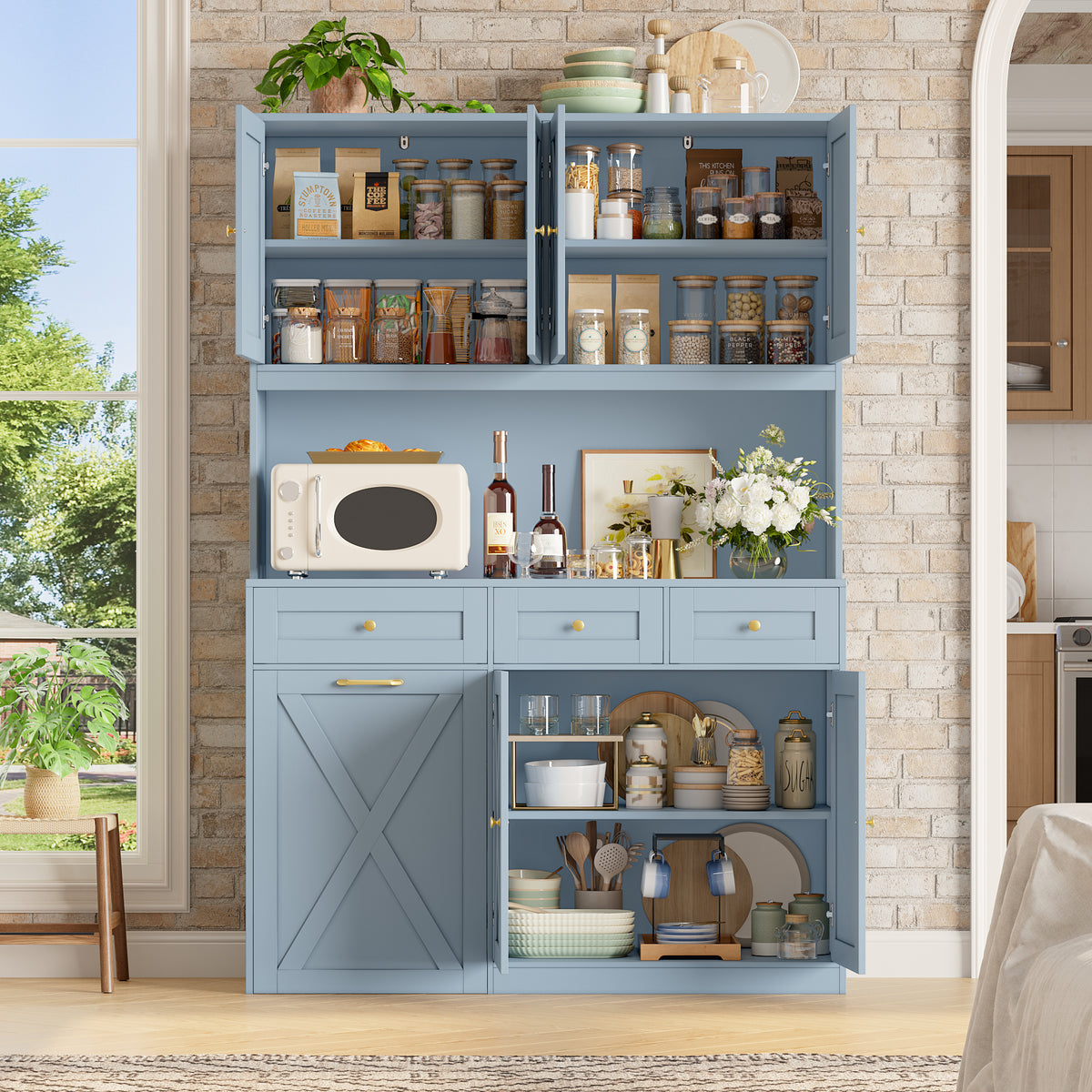 Hiphuta 73” Tall Kitchen Pantry Cabinet Fits 13 Gallon Trash Can Cabinet, Farmhouse Kitchen Storage Hutch with Pull Out Trash Can Storage for Dining Room Living Room, Light Blue