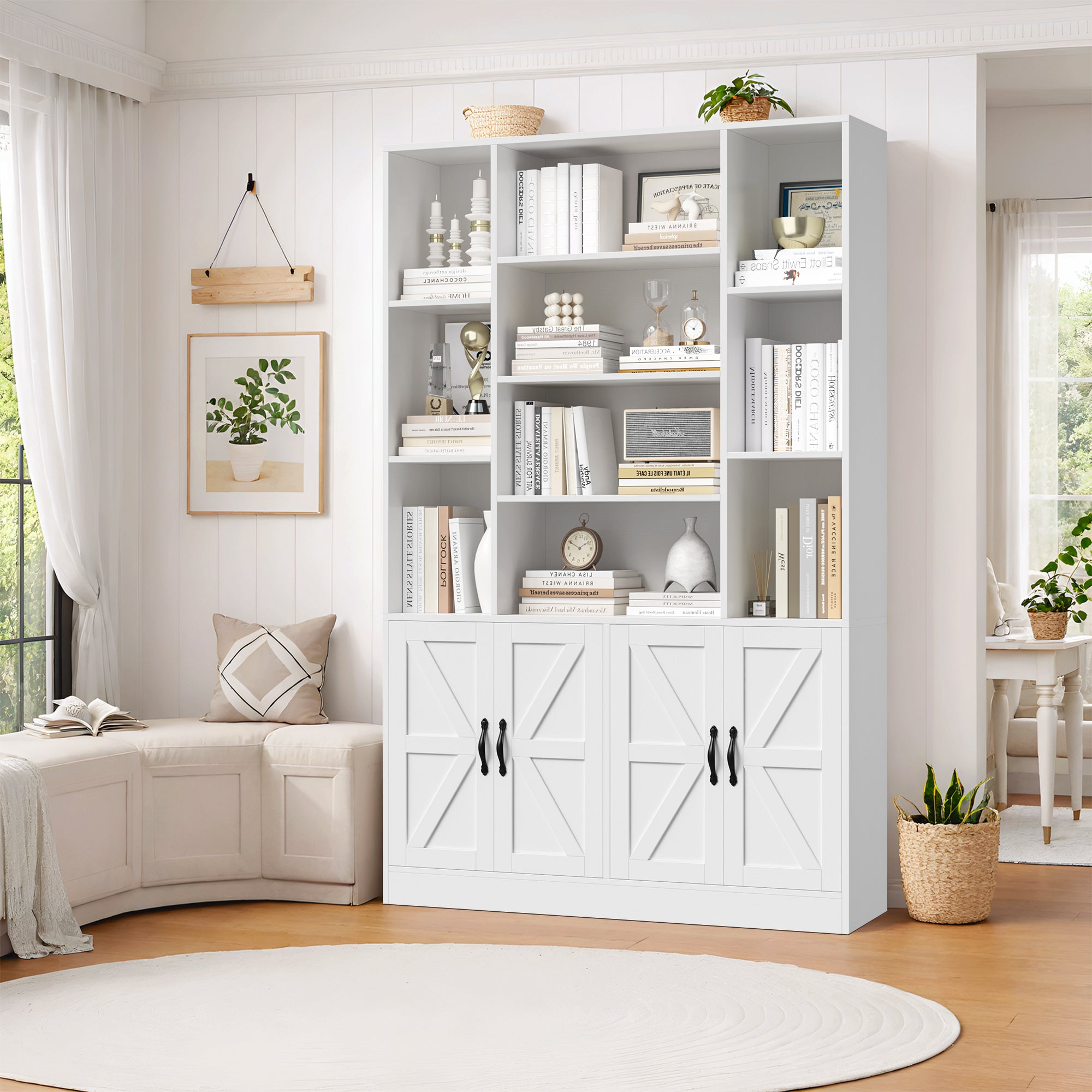 Hiphuta 74.8" Tall Bookcases with 2 Double Door Cabinet, Wooden Storage Bookshelf for Living Room Home Office, White