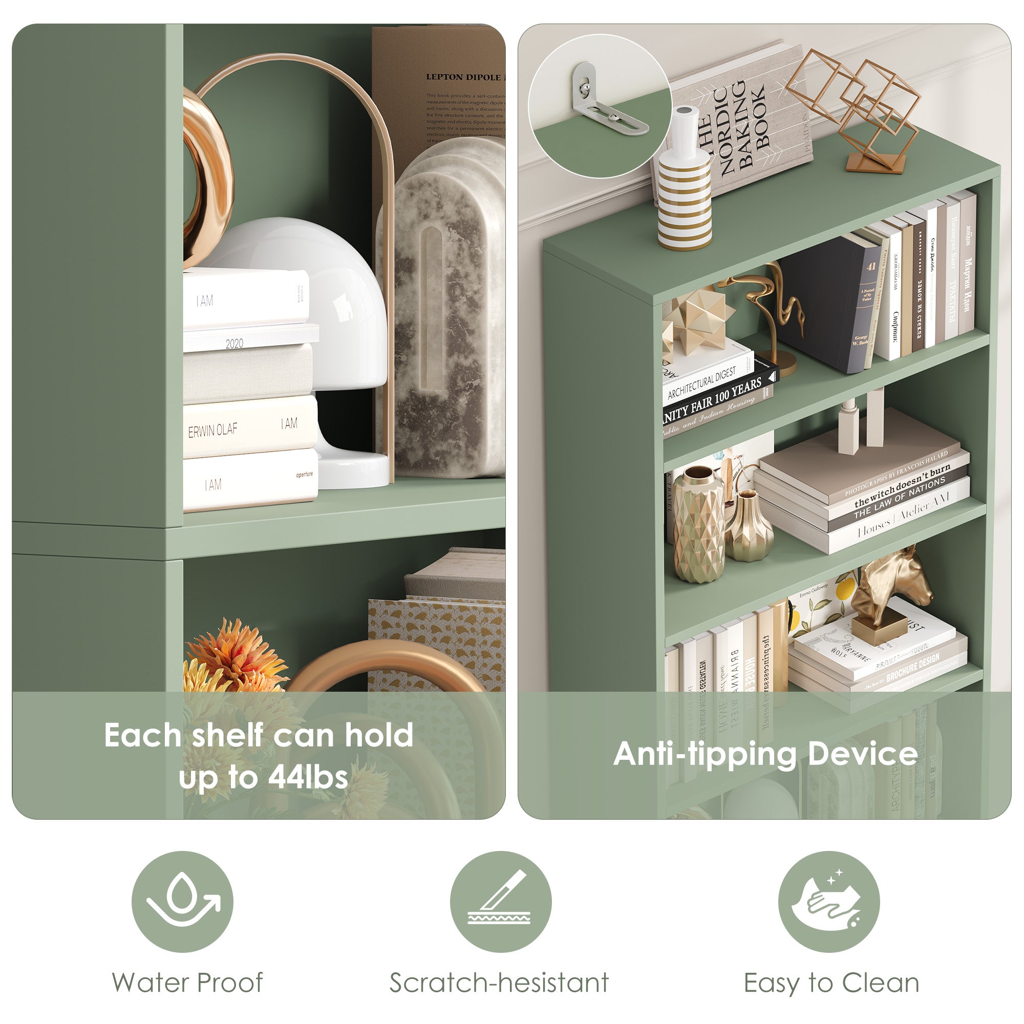 Hiphuta 81.5" Tall Bookcase with Doors, 5-Tier Bookshelves with Storage, 23.6"W Display Shelf with 2 Doors for Home Office, Living Room, Green