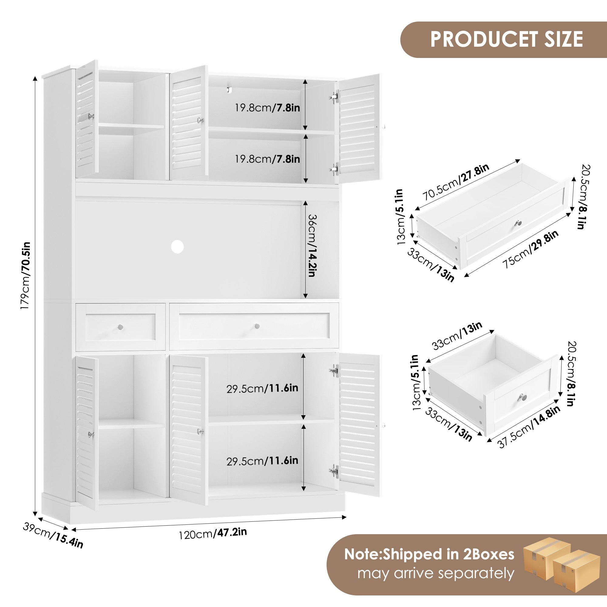 Hiphuta 70” Tall Modern Pantry Cabinet with Adjustable Shelves, Freestanding Kitchen Hutch Cabinet with Louvered Door for Dining Room, White