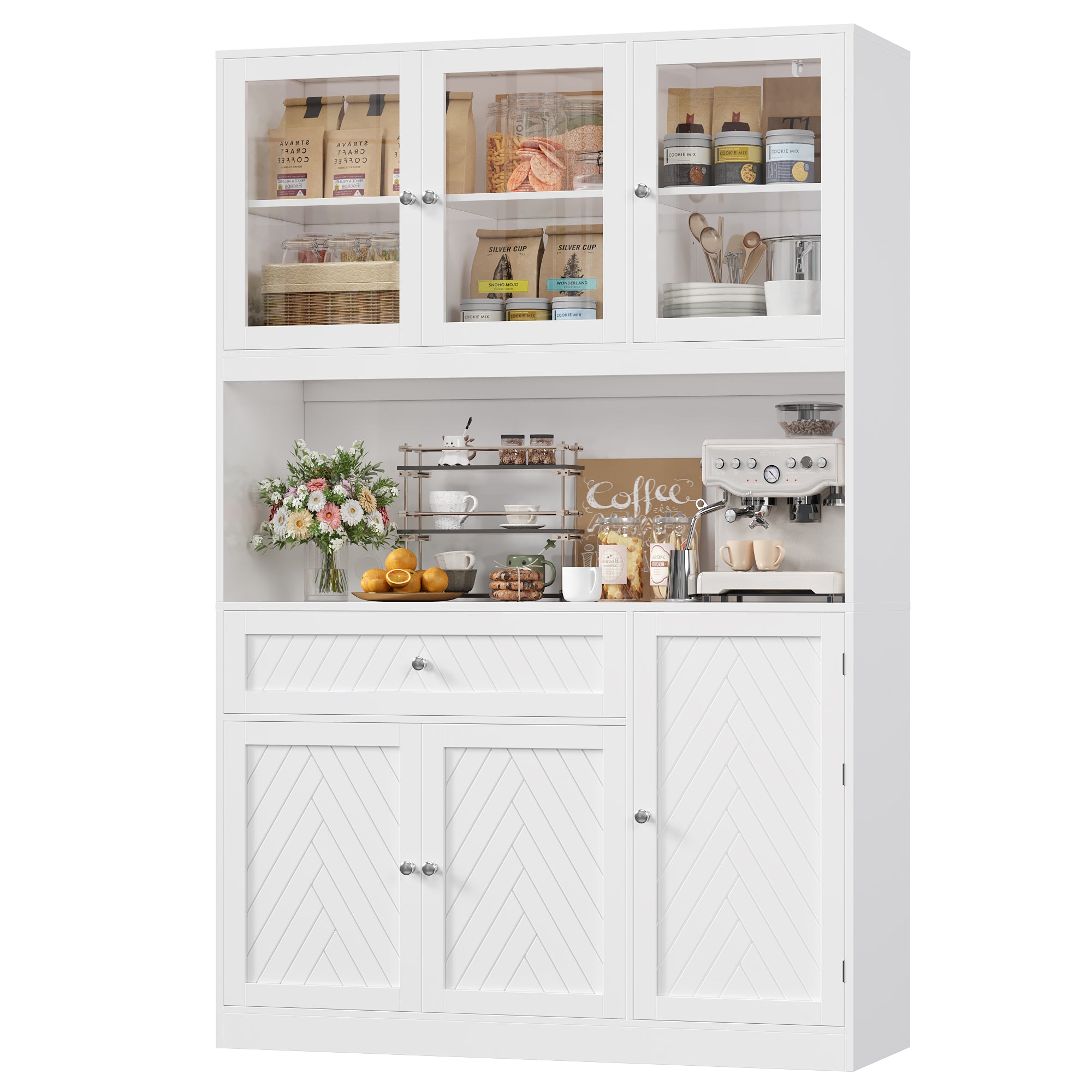Hiphuta 72" Tall Modern Pantry Cabinet with Adjustable Shelves, Freestanding Kitchen Hutch Cabinet for Dining Room, White