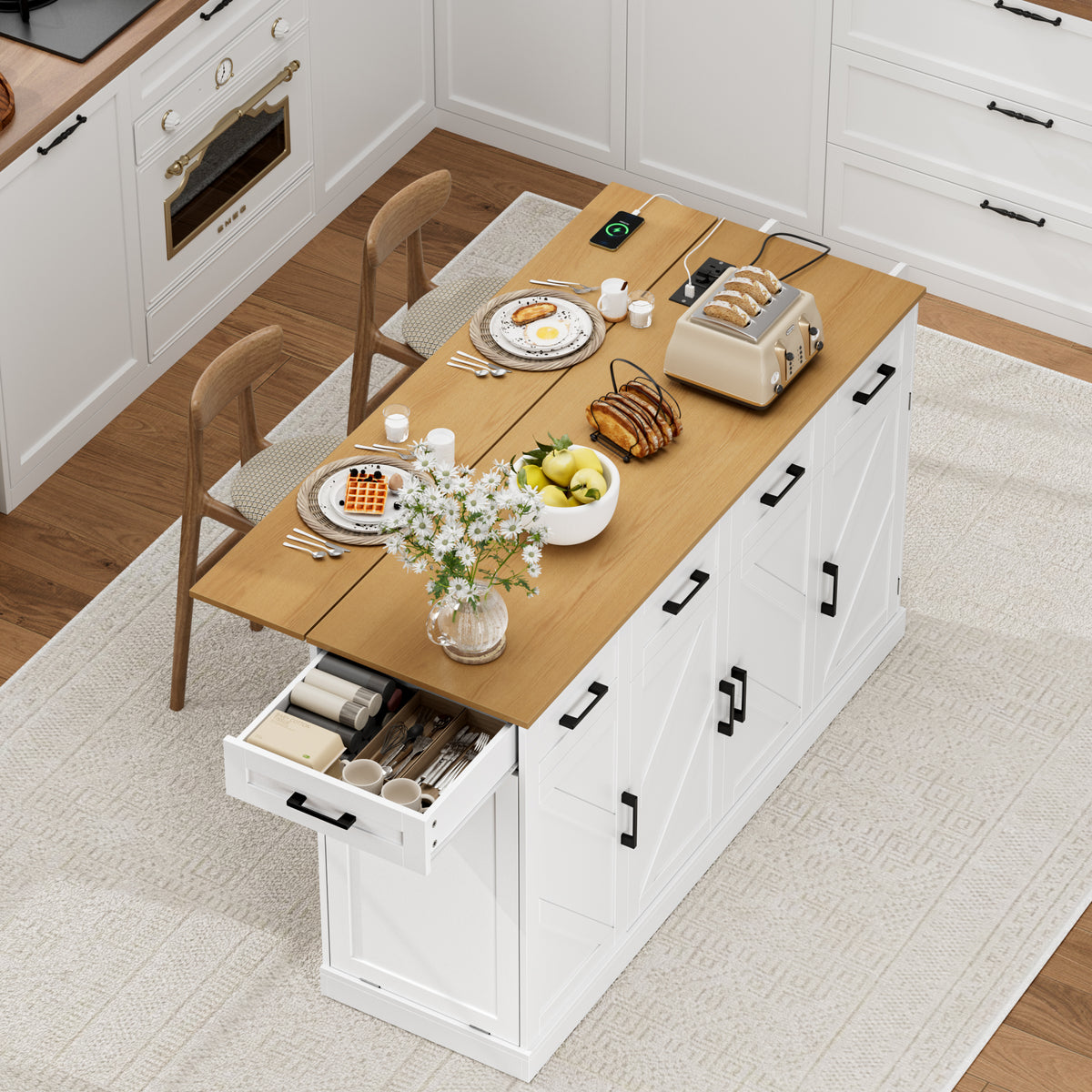 Hiphuta 55"W Kitchen Island Cart with Storage, Rolling Island Table with Trash Can, Adjustable Shelves and 4 Drawers, Movable Buffet Cabinet for Dining room, White