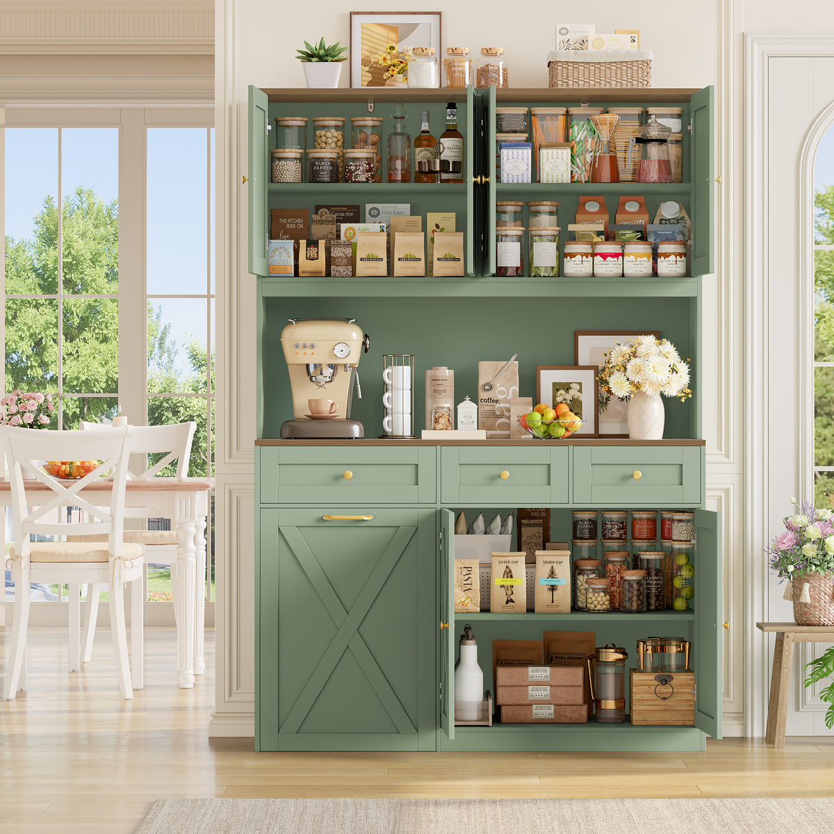 Hiphuta 73” Tall Kitchen Pantry Cabinet Fits 13 Gallon Trash Can Cabinet, Farmhouse Kitchen Storage Hutch with Pull Out Trash Can Storage for Dining Room Living Room, Green