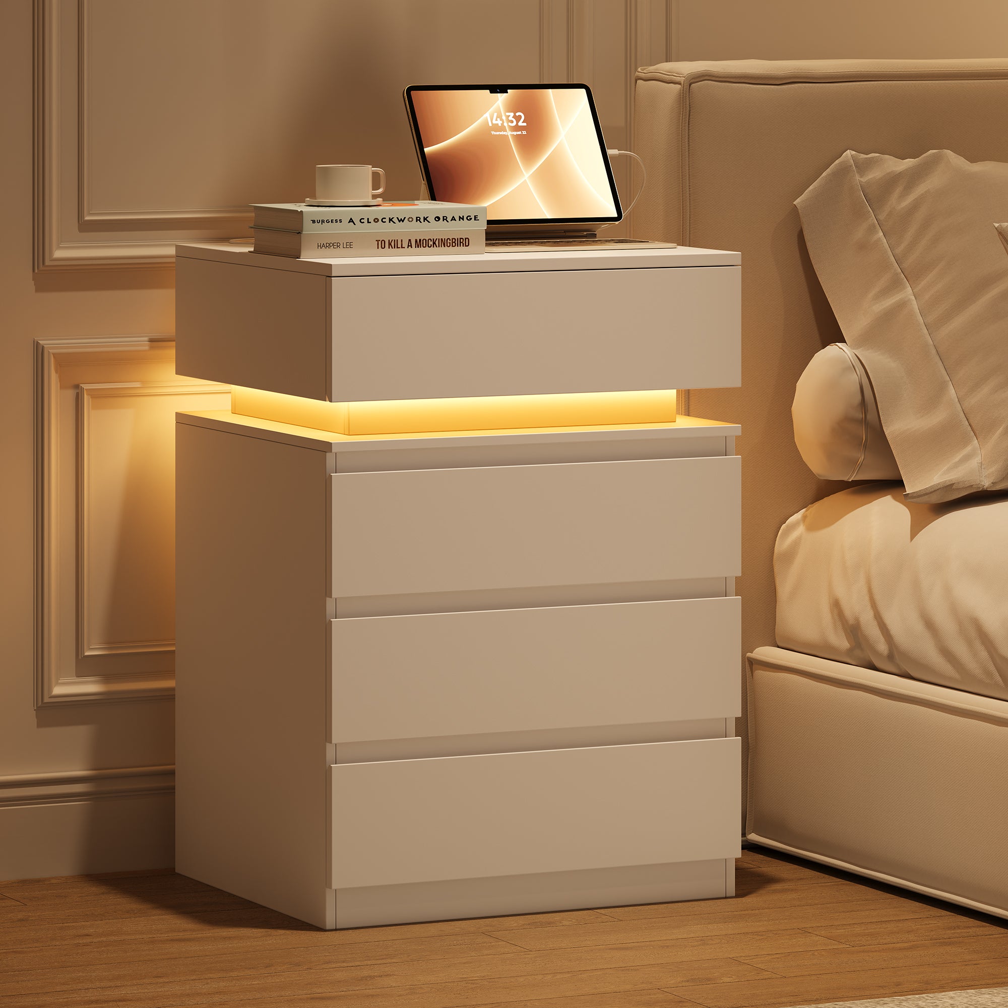 Hiphuta Set of 2 Bedside Table with Charge Station, Bedroom End Table with 4 Drawers, LED Nightstands for Living Room, White