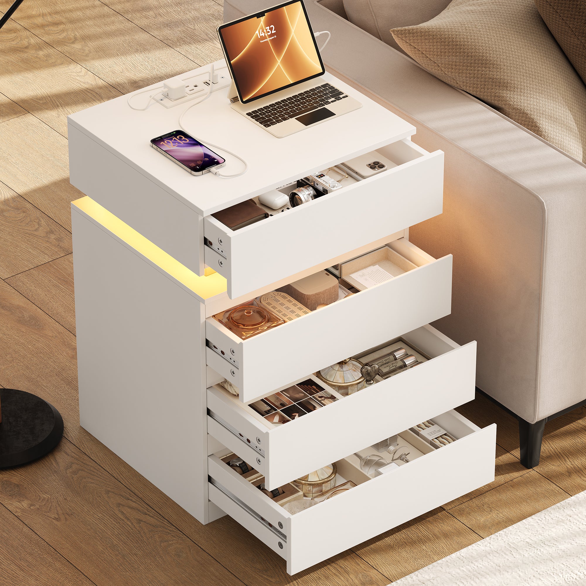 Hiphuta Set of 2 Bedside Table with Charge Station, Bedroom End Table with 4 Drawers, LED Nightstands for Living Room, White