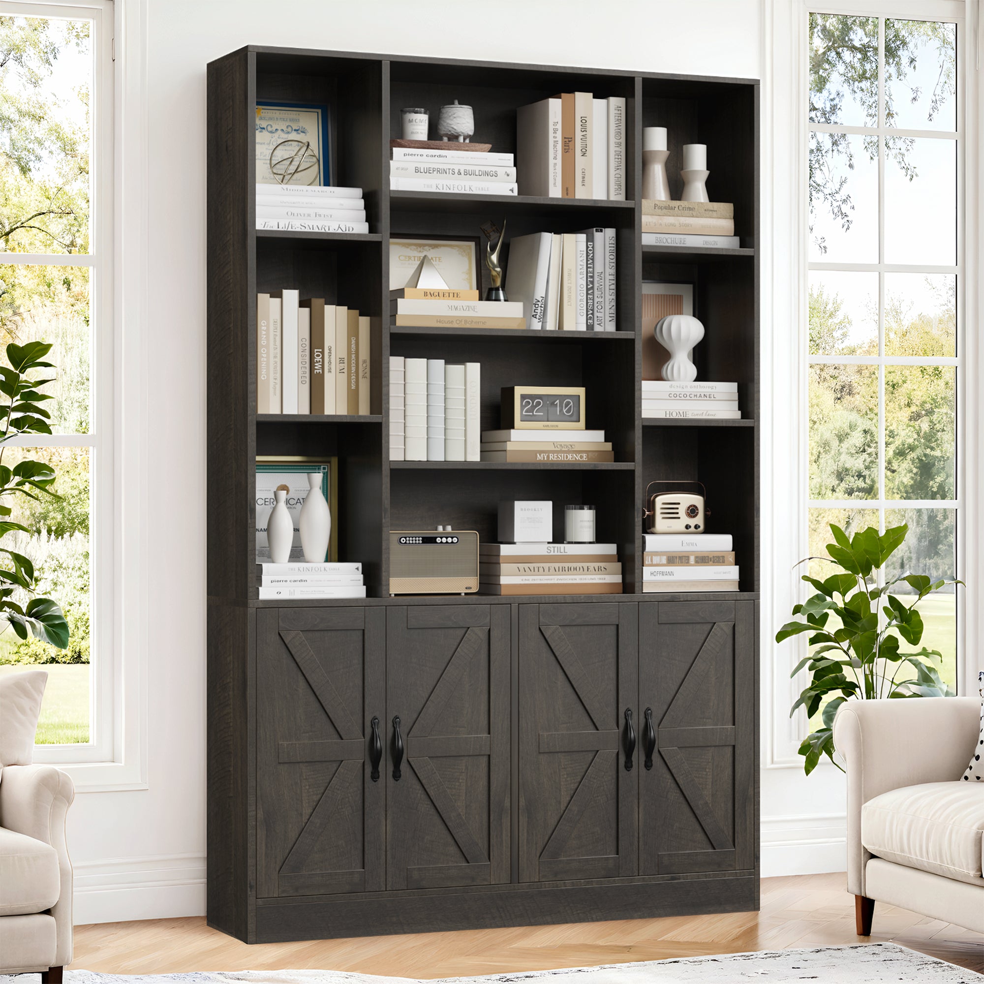 Hiphuta 74.8" Tall Bookcases with 2 Double Door Cabinet, Wooden Storage Bookshelf for Living Room Home Office, Dark Brown