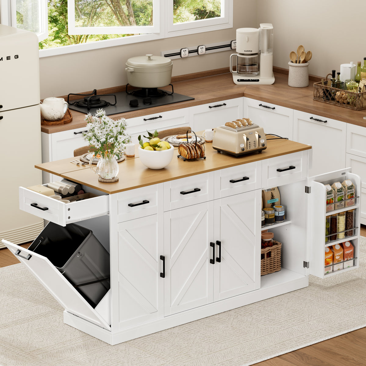 Hiphuta 55"W Kitchen Island Cart with Storage, Rolling Island Table with Trash Can, Adjustable Shelves and 4 Drawers, Movable Buffet Cabinet for Dining room, White