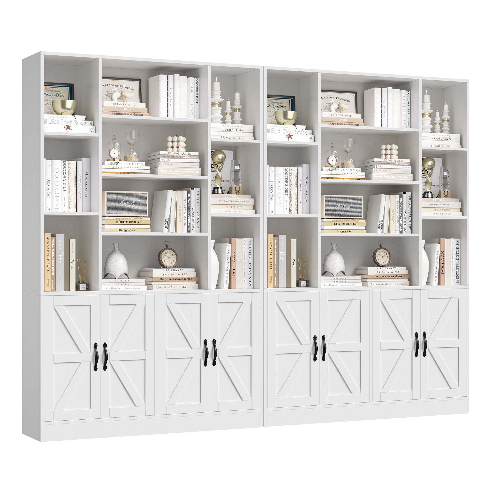 Hiphuta 74.8" Tall Bookcases with 2 Double Door Cabinet, Wooden Storage Bookshelf for Living Room Home Office, White