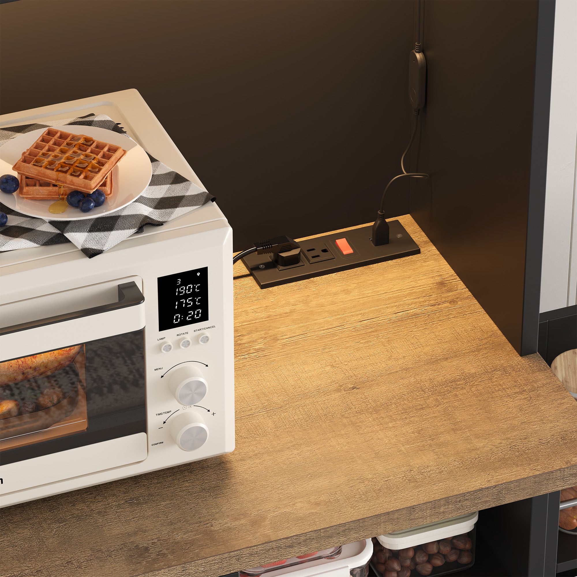 Hiphuta 71”Tall Modern Pantry Cabinet with Power Outlet & LED, Freestanding Kitchen Hutch Cabinet for Dining Room, Black