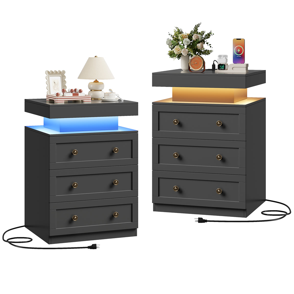 Hiphuta Set of 2 Nightstands with RGB LED and Charging Station for Bedroom, Sofa Tables with 3 Drawers for Living Room, Modern Beside Tables with Storage, Black