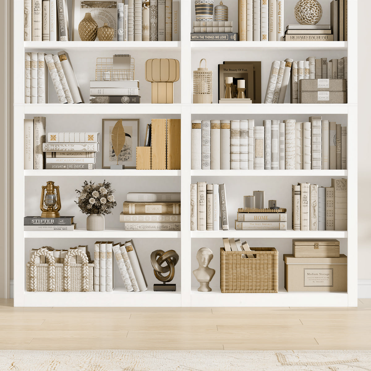 Hiphuta 63"W Extra Large and Sturdy Bookcase, Double Wide 6-Tier Bookshelf, For Home Office and Living Room, Wooden Freestanding Display Shelf, White