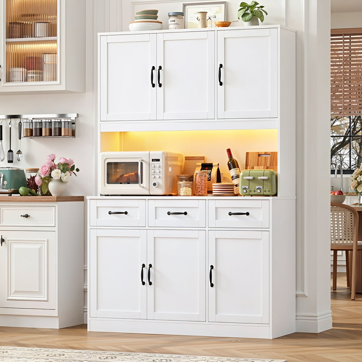 Hiphuta 72" Tall Kitchen Pantry Storgae Cabinet with RGB LED, Hutch Cabinet with Charging Station for Dining Room, White