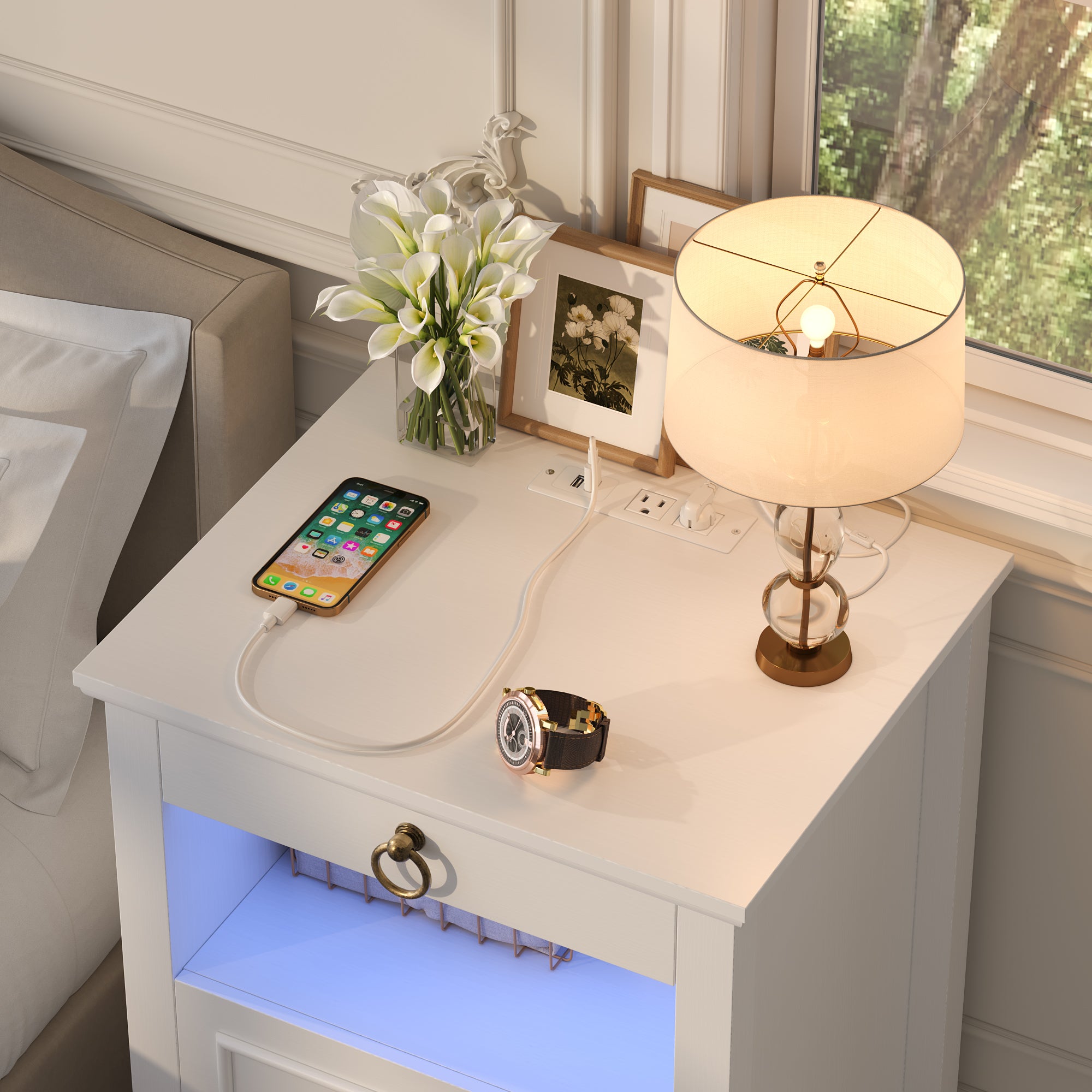 Hiphuta 3 Drawers Nightstand with 2 Outlets & 2 USB Port, Wooden Nightstand for Bedroom, White