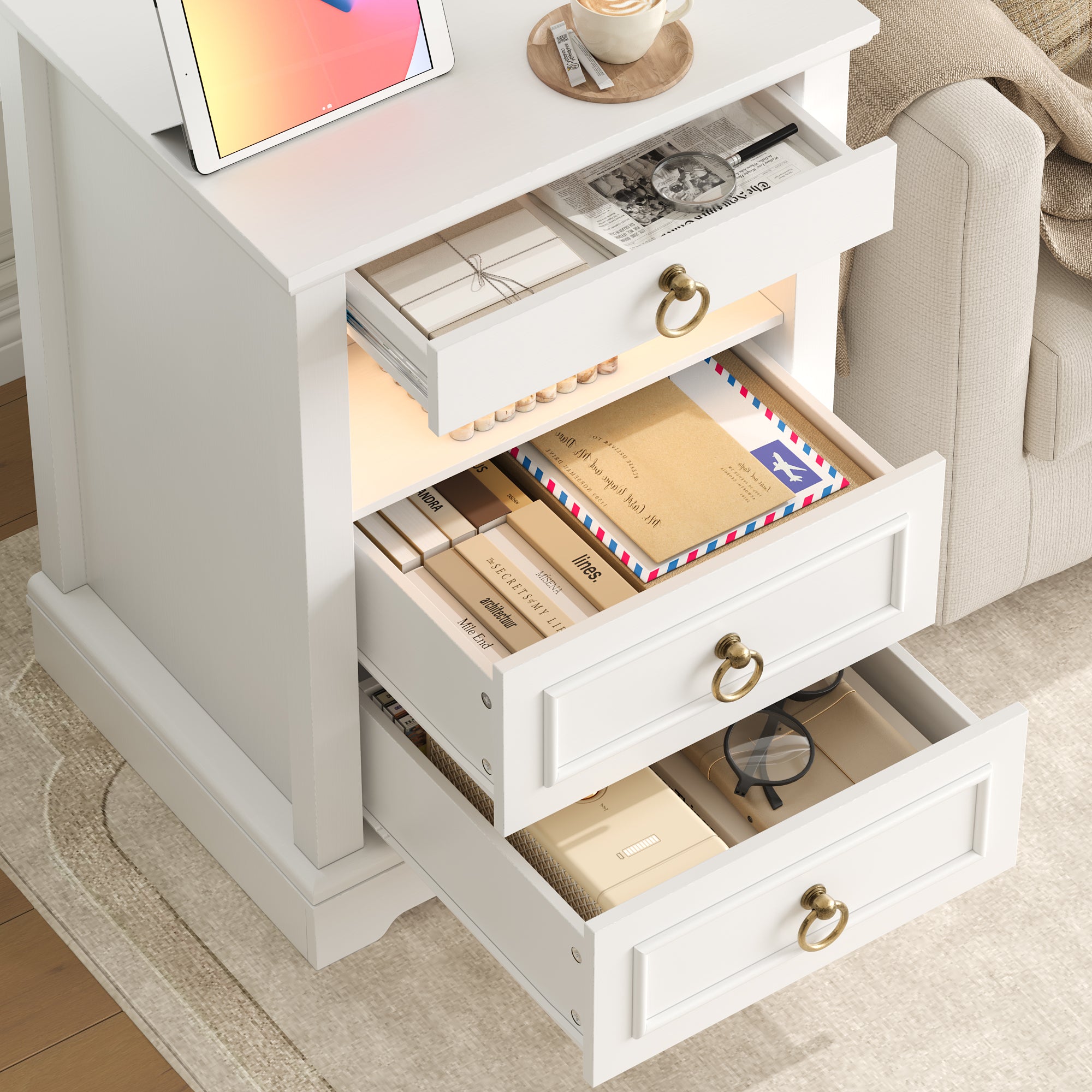 Hiphuta 3 Drawers Nightstand with 2 Outlets & 2 USB Port, Wooden Nightstand for Bedroom, White