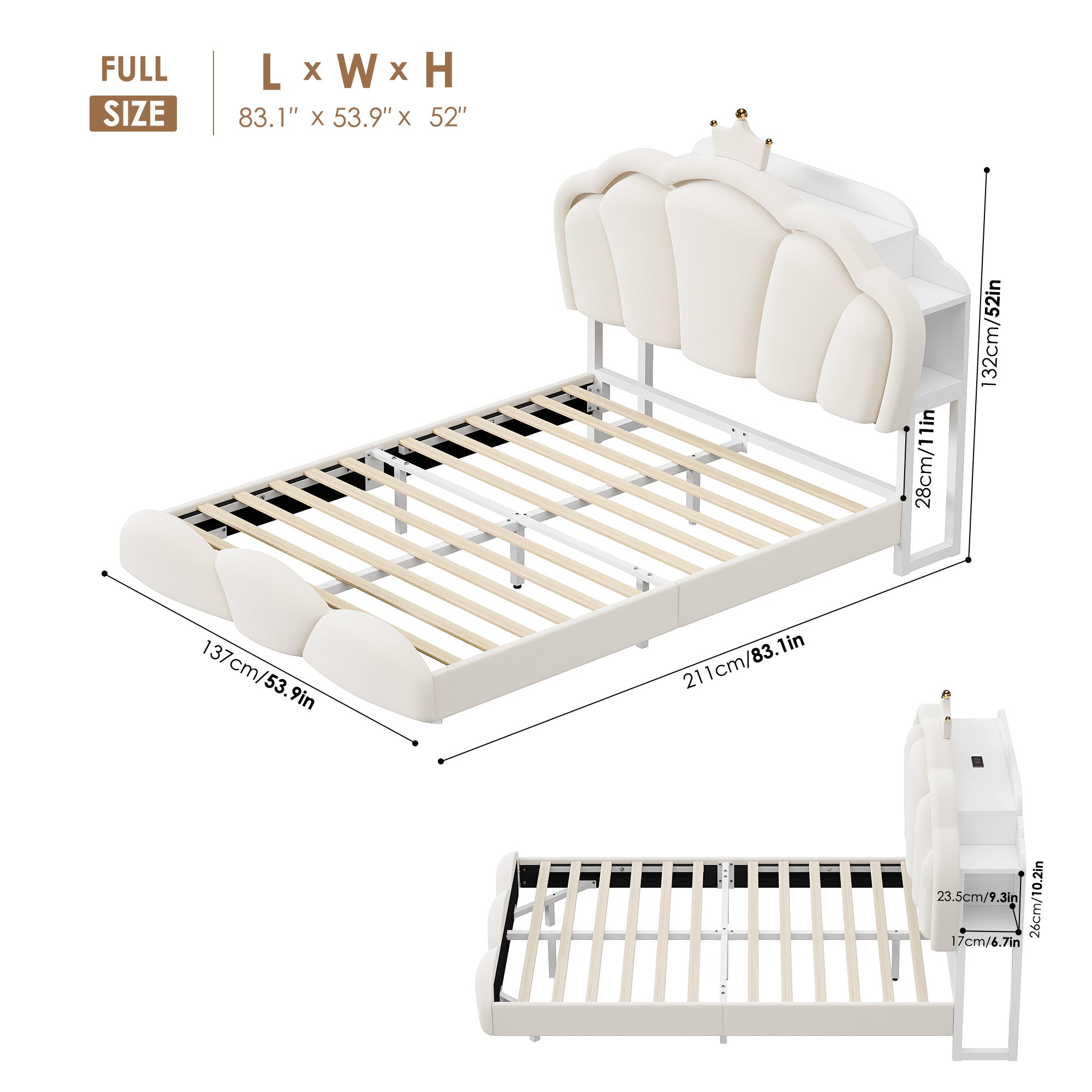 Hiphuta Full Floating Bed Frame with Crown Storage Headboard, Velvet Upholstered Platform Bed with LED Lights & Charging Station, No Box Spring Needed, White
