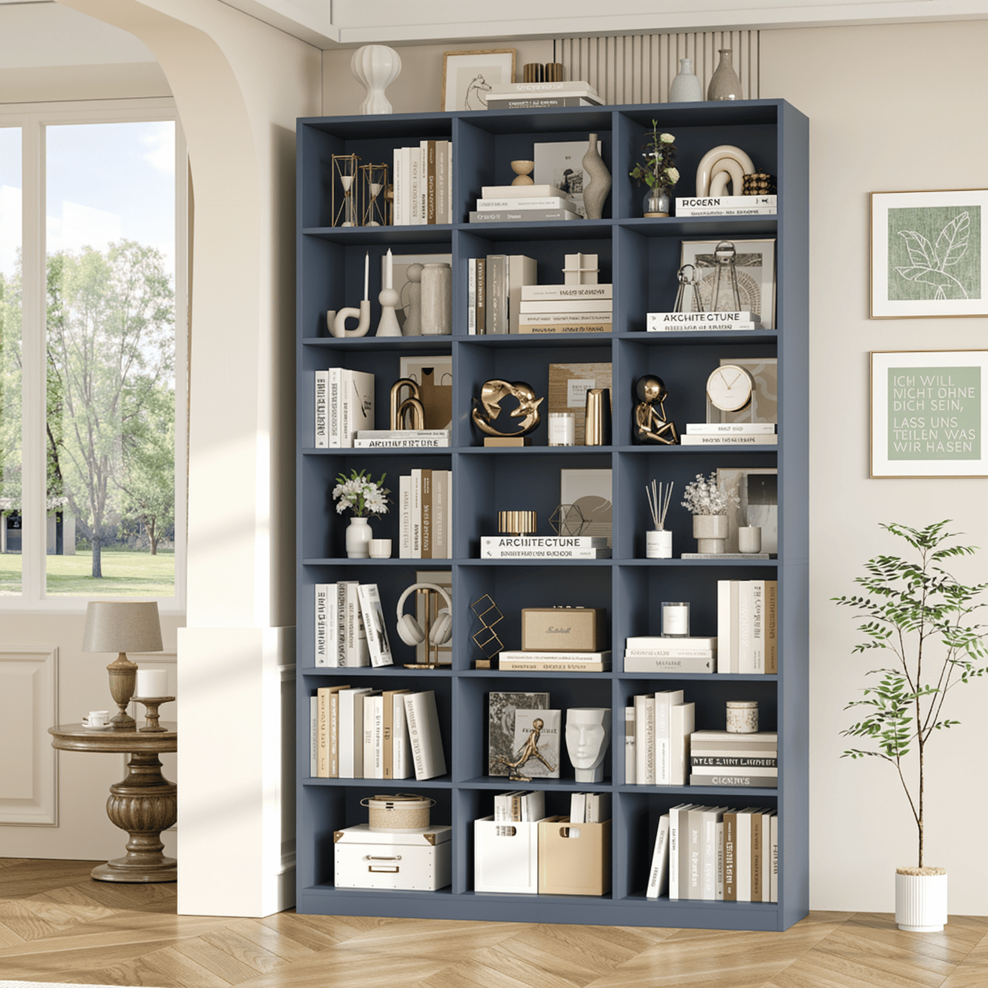 Hiphuta 86"H x 47"W Wood Triple 7-Tier Standard Bookcase, Tall Bookcase for Bedroom, Living Room and Office, Freestanding 21 Cubes Display Storage Shelves, Blue