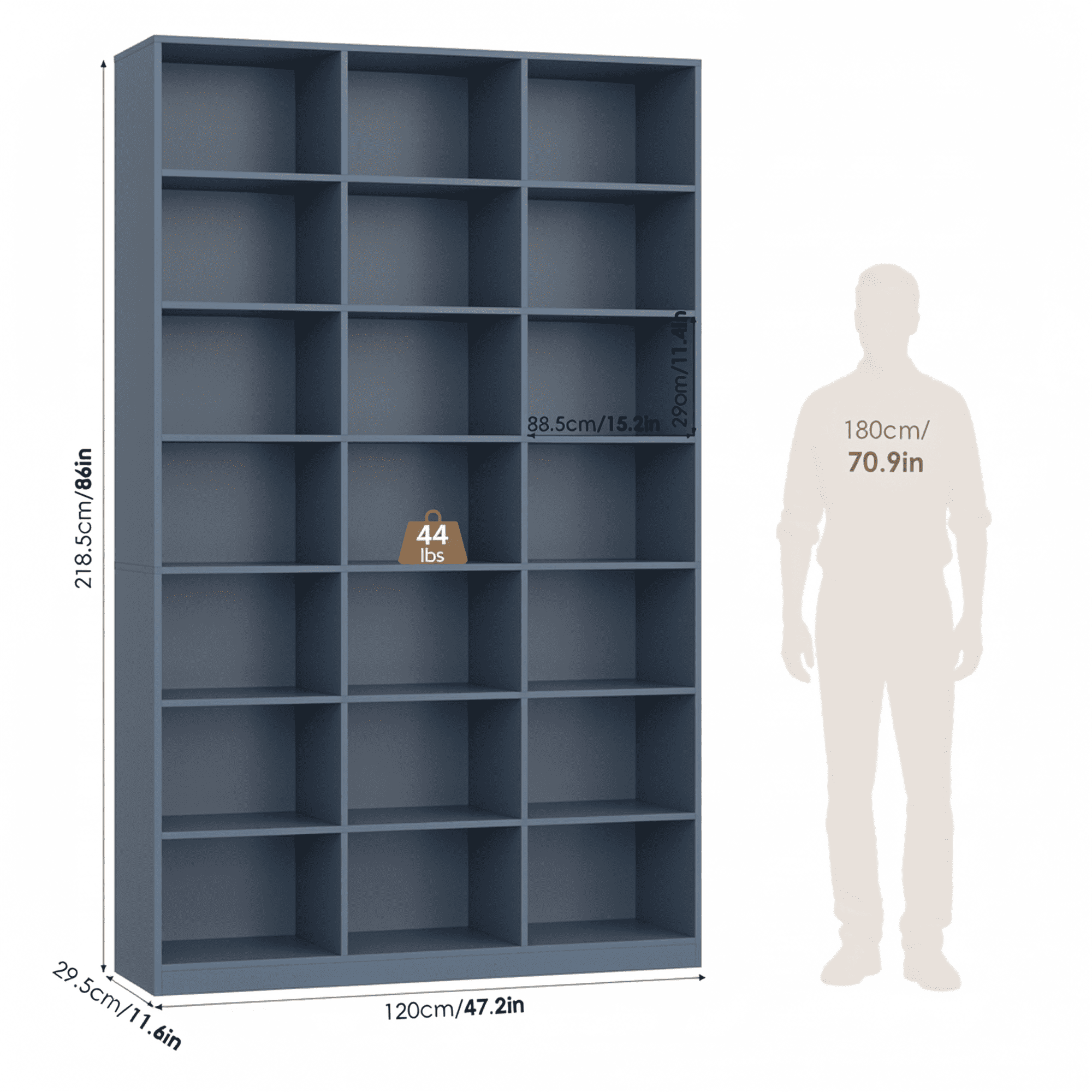 Hiphuta 86"H x 47"W Wood Triple 7-Tier Standard Bookcase, Tall Bookcase for Bedroom, Living Room and Office, Freestanding 21 Cubes Display Storage Shelves, Blue
