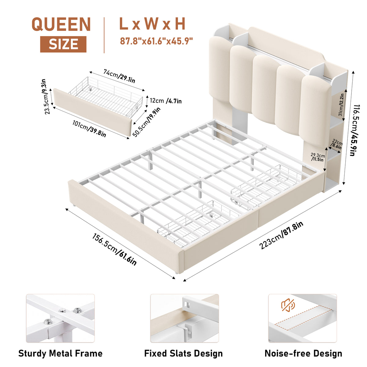 Hiphuta Queen Size Bed Frame with Storage Headboard and Side Storage Shelves, Upholstered LED Platform Bed with 2 Drawers and Charging Station, White