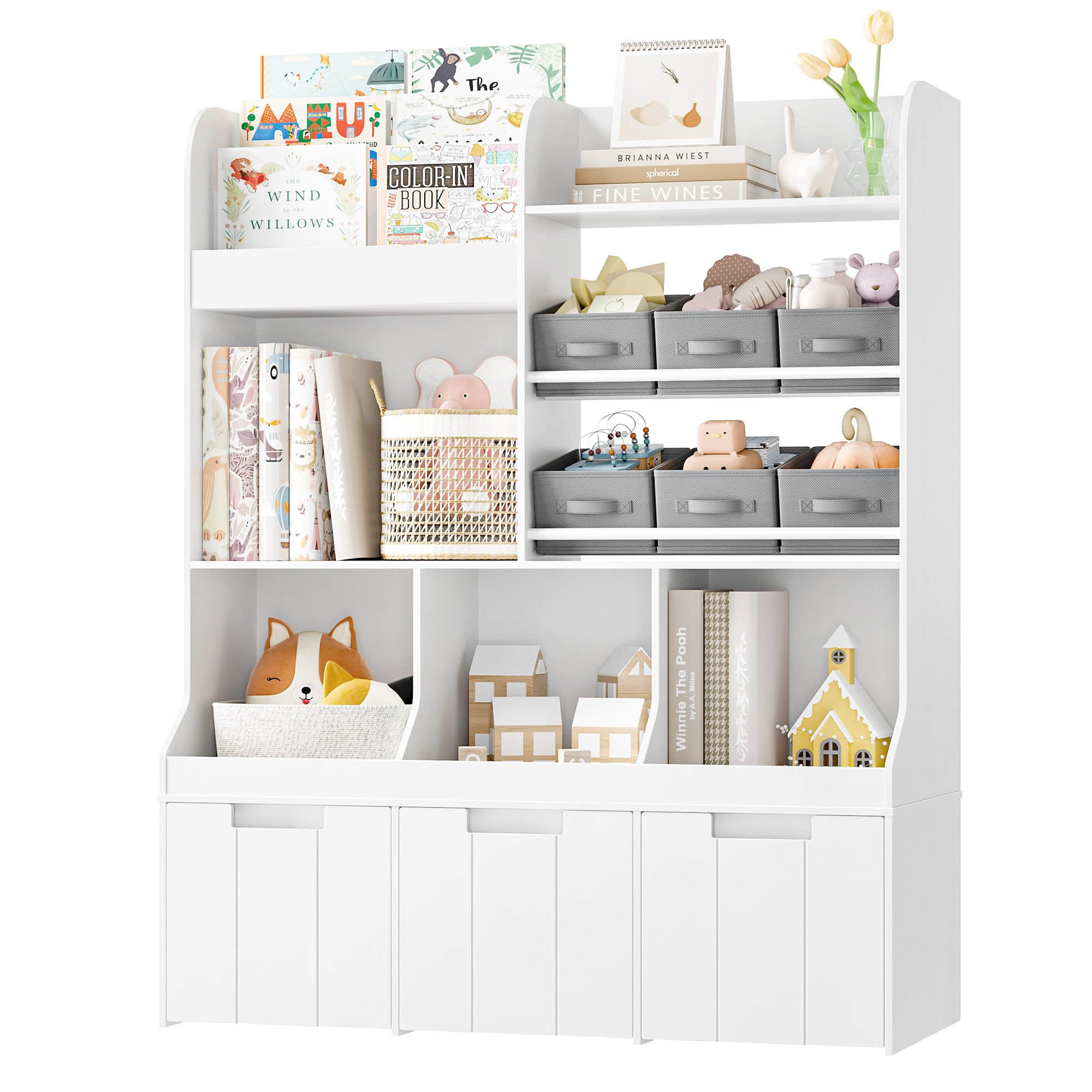 Hiphuta Kids Bookcase with Toy Storage Organizer with 6 Fabric Drawers for Kids Room, White