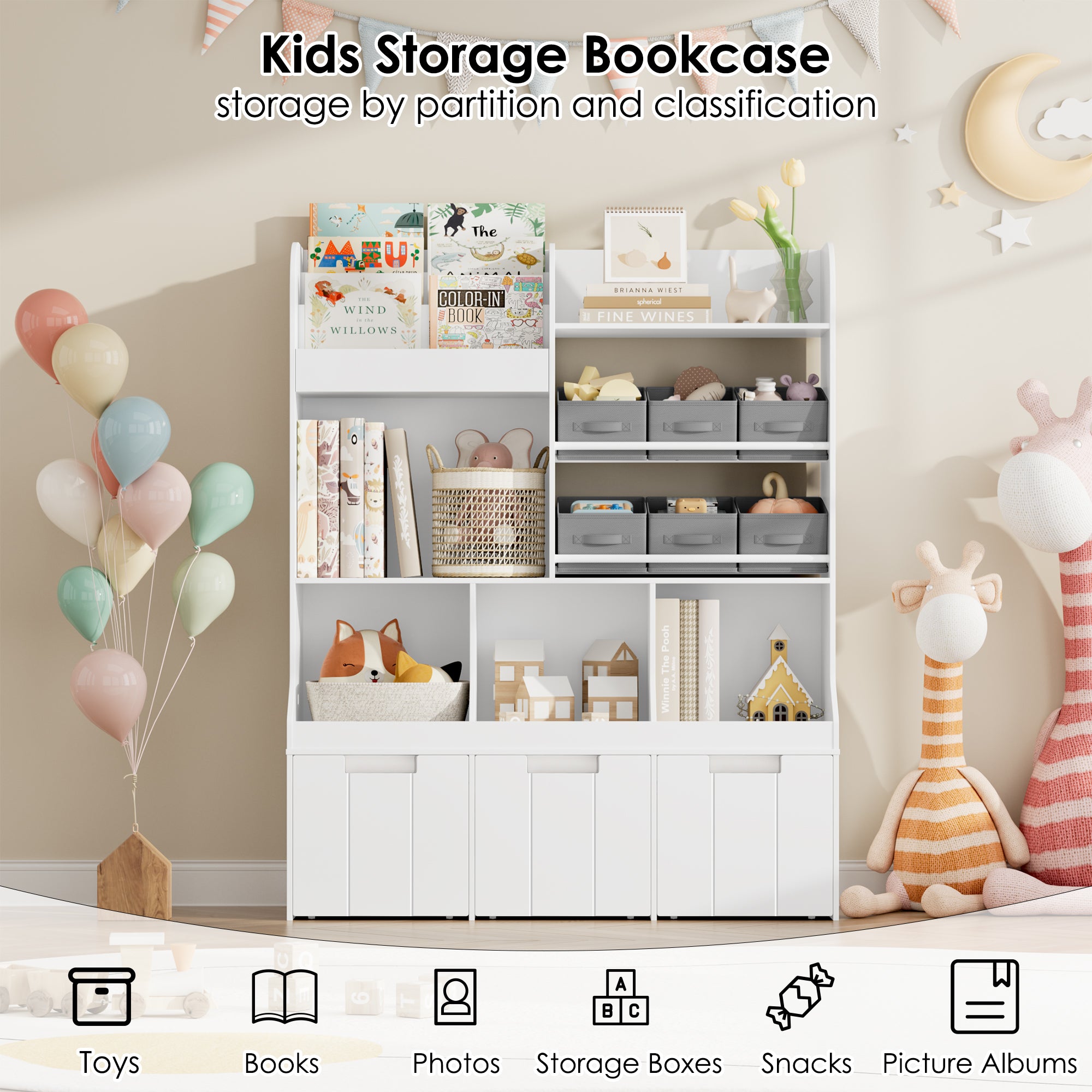 Hiphuta Kids Bookcase with Toy Storage Organizer with 6 Fabric Drawers for Kids Room, White