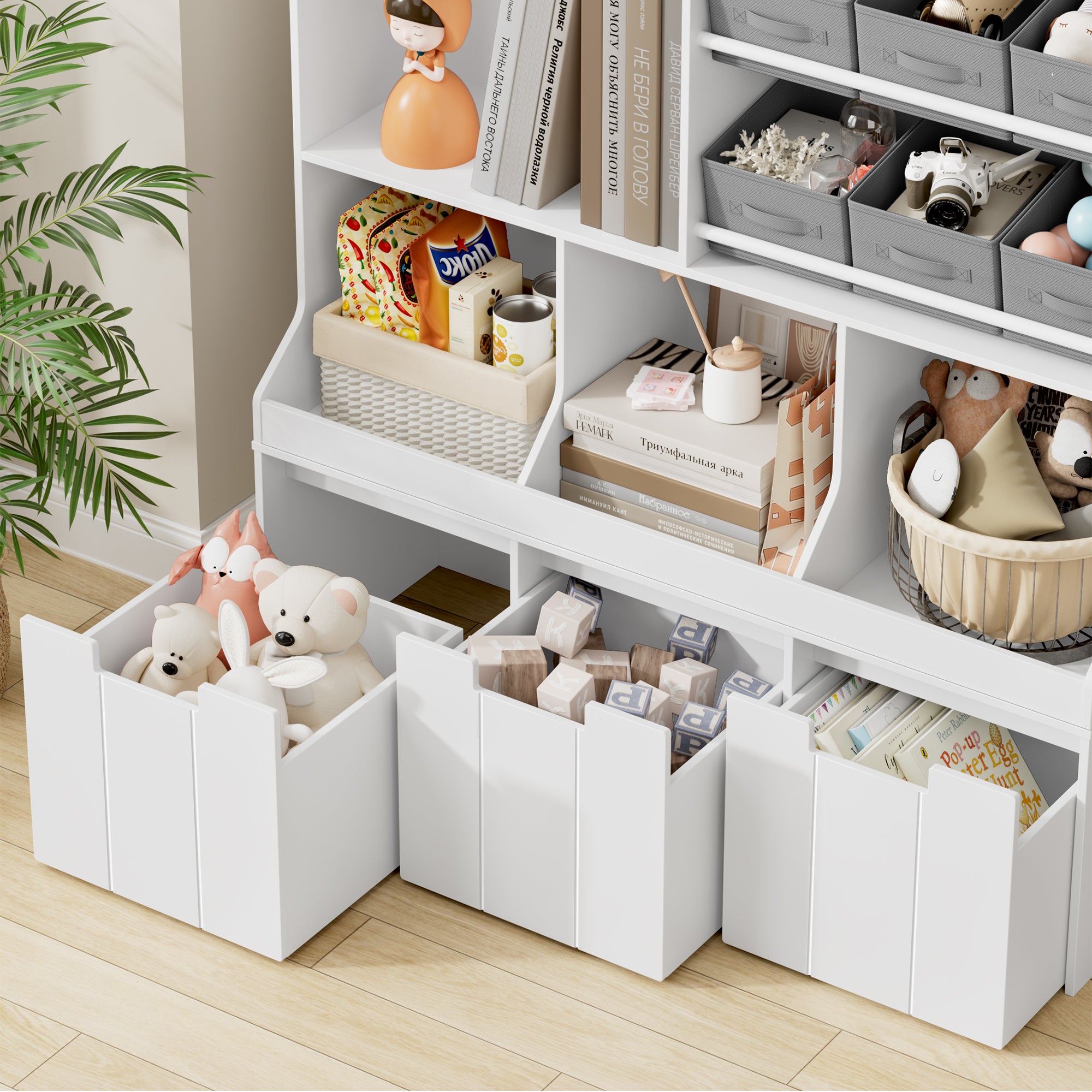 Hiphuta Kids Bookcase with Toy Storage Organizer with 6 Fabric Drawers for Kids Room, White