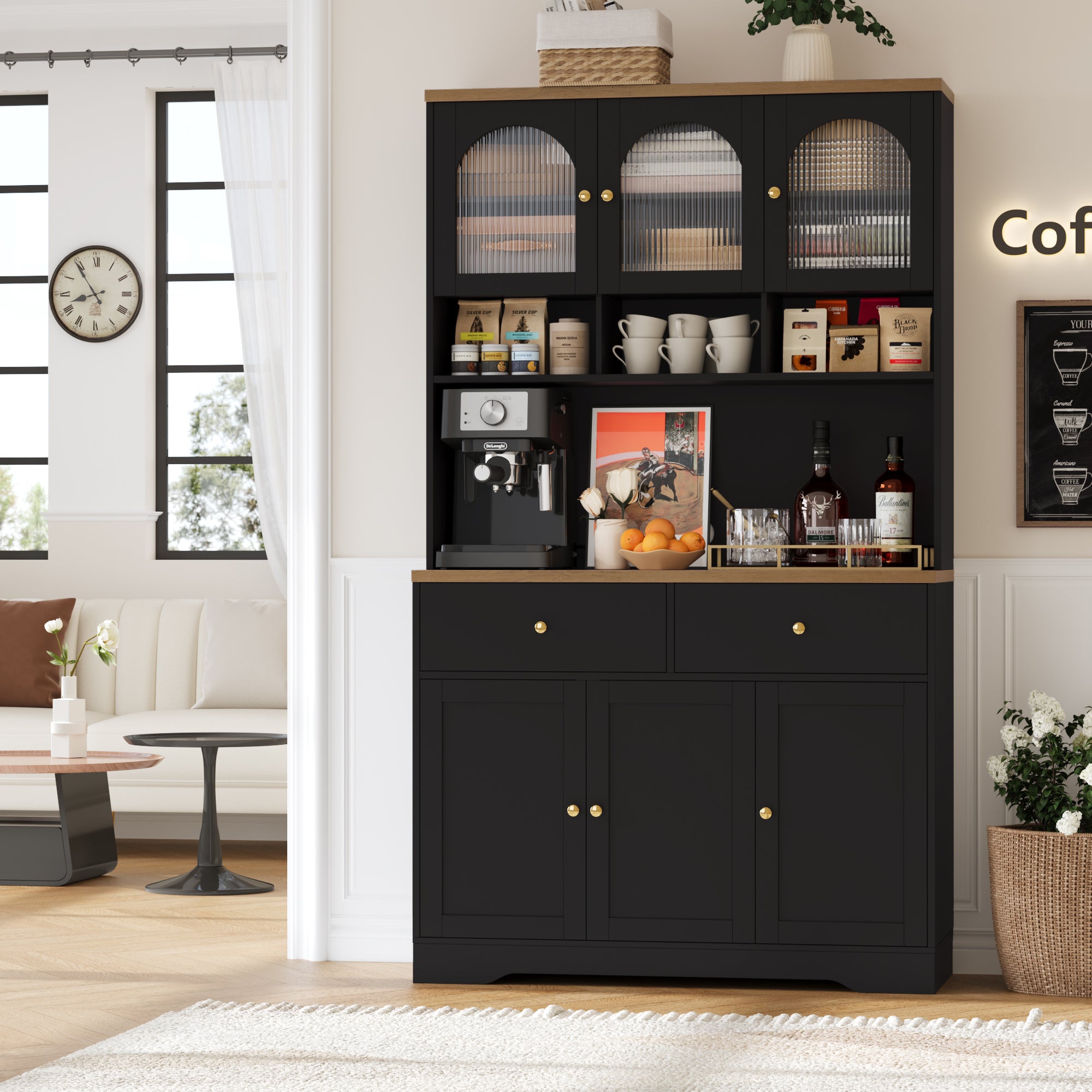 Hiphuta 71" Kitchen Pantry Cabinet, Tall Pantry Cabinet with Microwave Stand, Modern Freestanding Hutch with Storage Drawer for Dining Room, Black