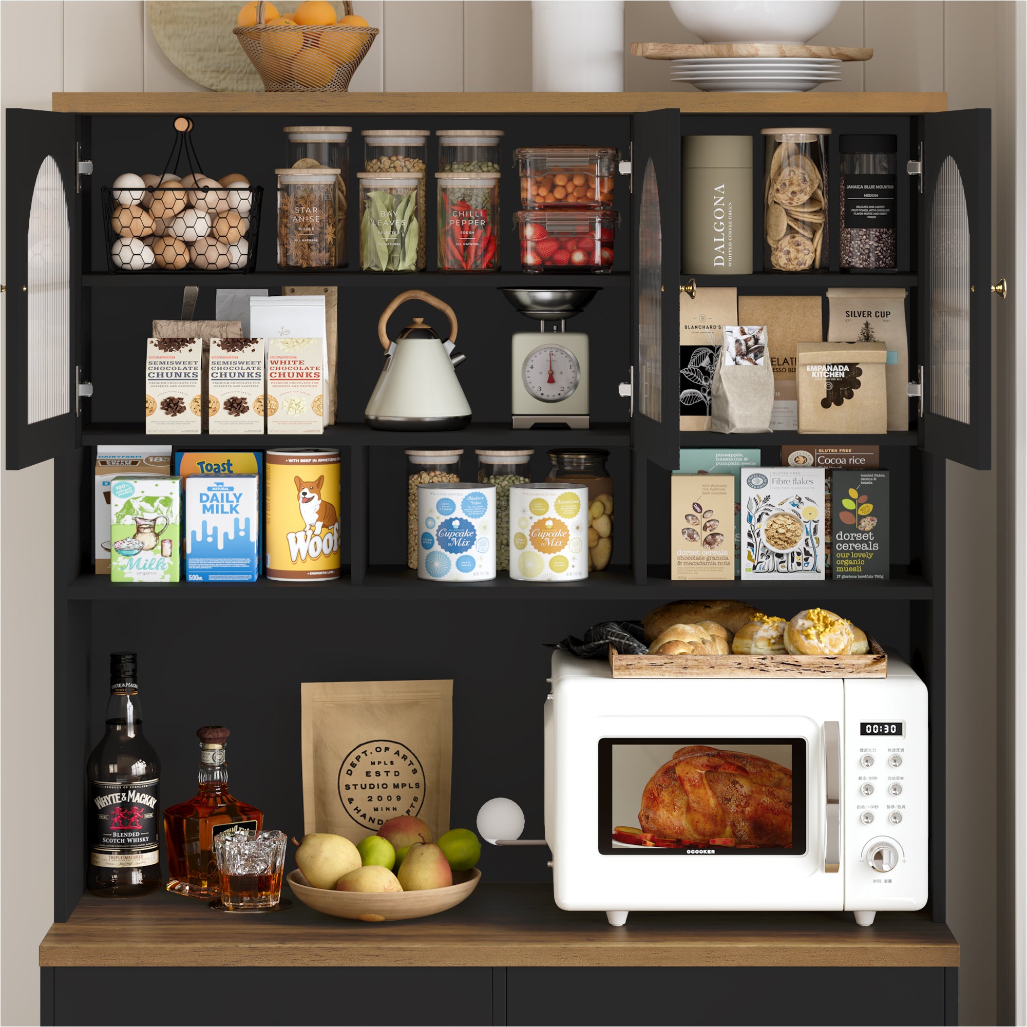 Hiphuta 71" Kitchen Pantry Cabinet, Tall Pantry Cabinet with Microwave Stand, Modern Freestanding Hutch with Storage Drawer for Dining Room, Black