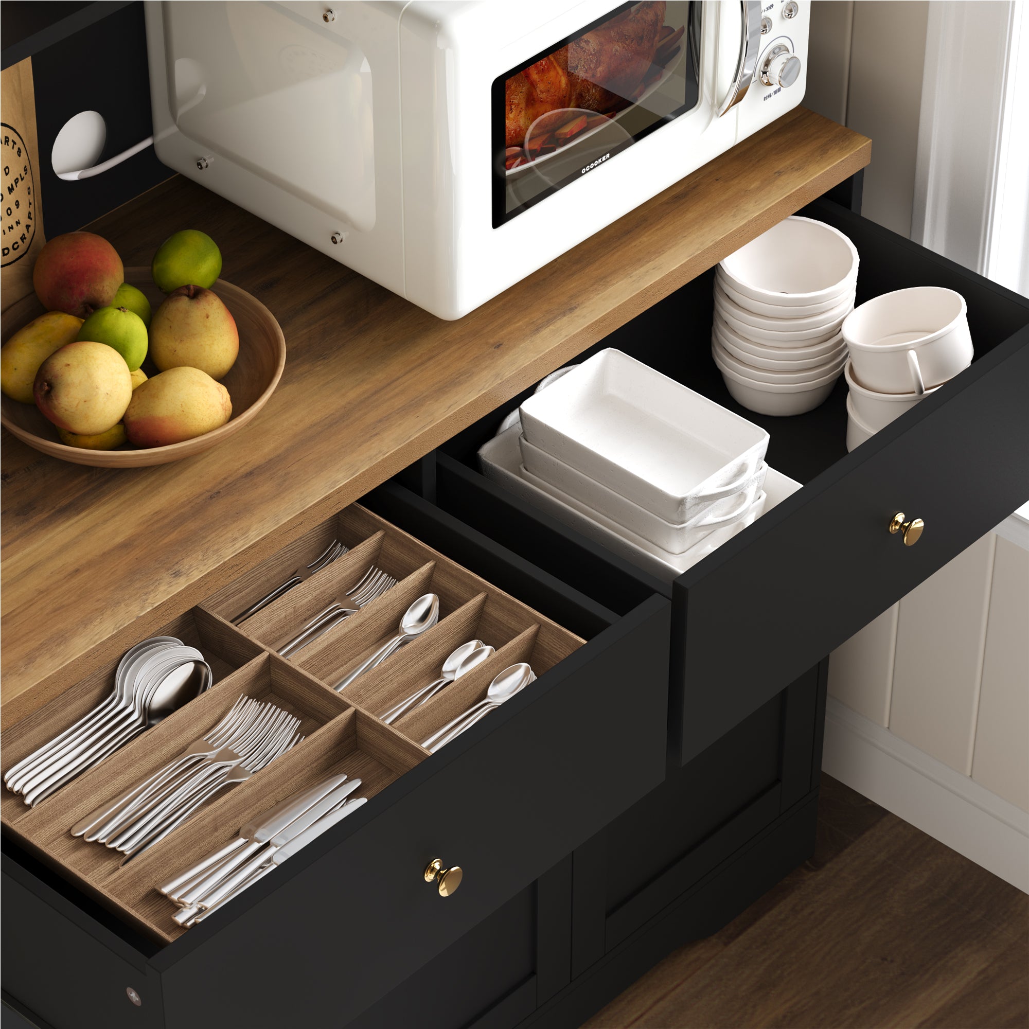 Hiphuta 71" Kitchen Pantry Cabinet, Tall Pantry Cabinet with Microwave Stand, Modern Freestanding Hutch with Storage Drawer for Dining Room, Black