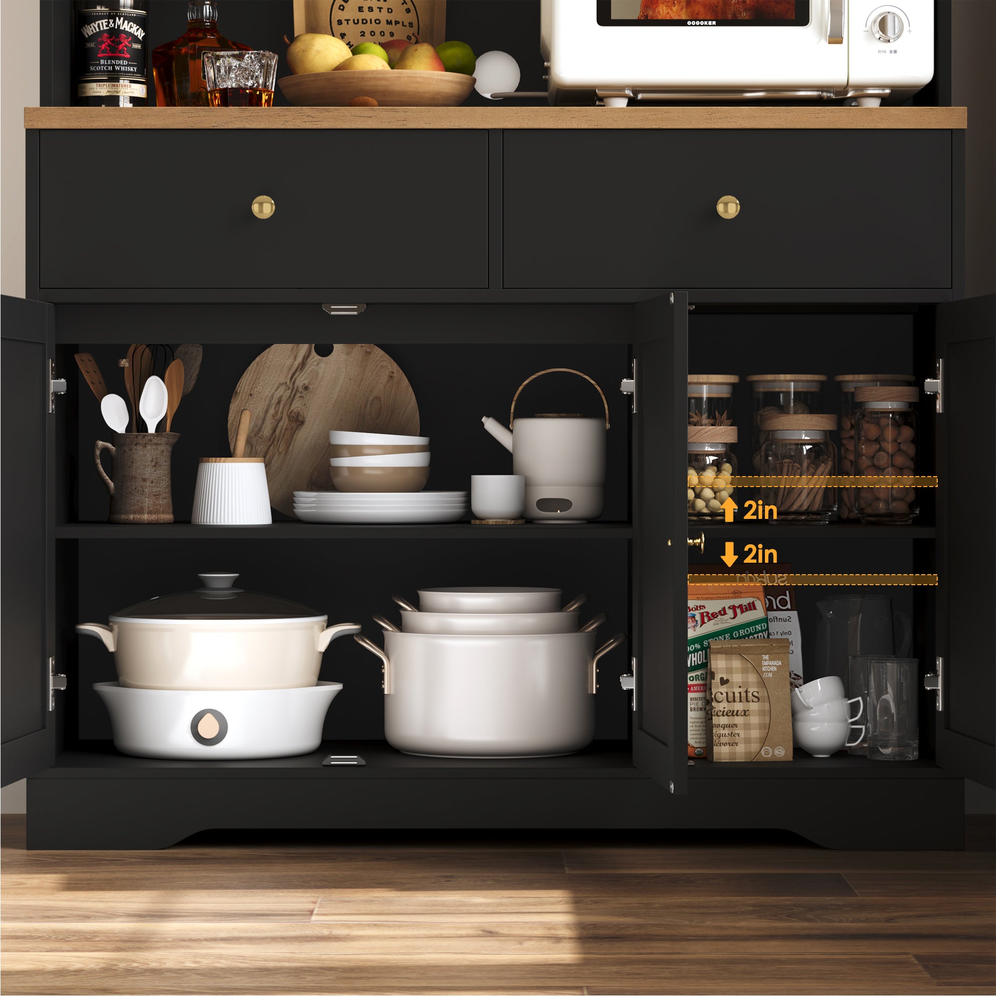 Hiphuta 71" Kitchen Pantry Cabinet, Tall Pantry Cabinet with Microwave Stand, Modern Freestanding Hutch with Storage Drawer for Dining Room, Black