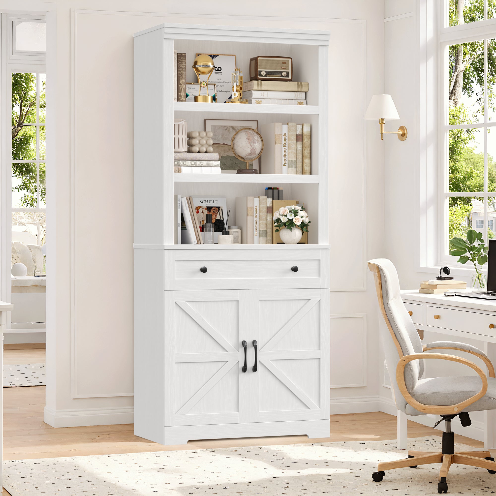 Hiphuta Bookcase with Doors, 71.6"Tall bookshelves with Storage, 5 Shelf Display Storgae Shelves, Bookshelves and Bookcases with 2 Doors for Home Office, Living Room, Bedroom, White