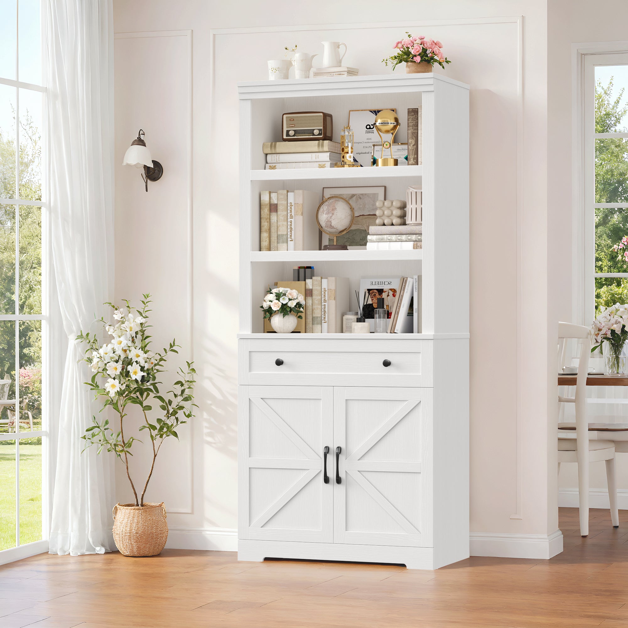 Hiphuta Bookcase with Doors, 71.6"Tall bookshelves with Storage, 5 Shelf Display Storgae Shelves, Bookshelves and Bookcases with 2 Doors for Home Office, Living Room, Bedroom, White