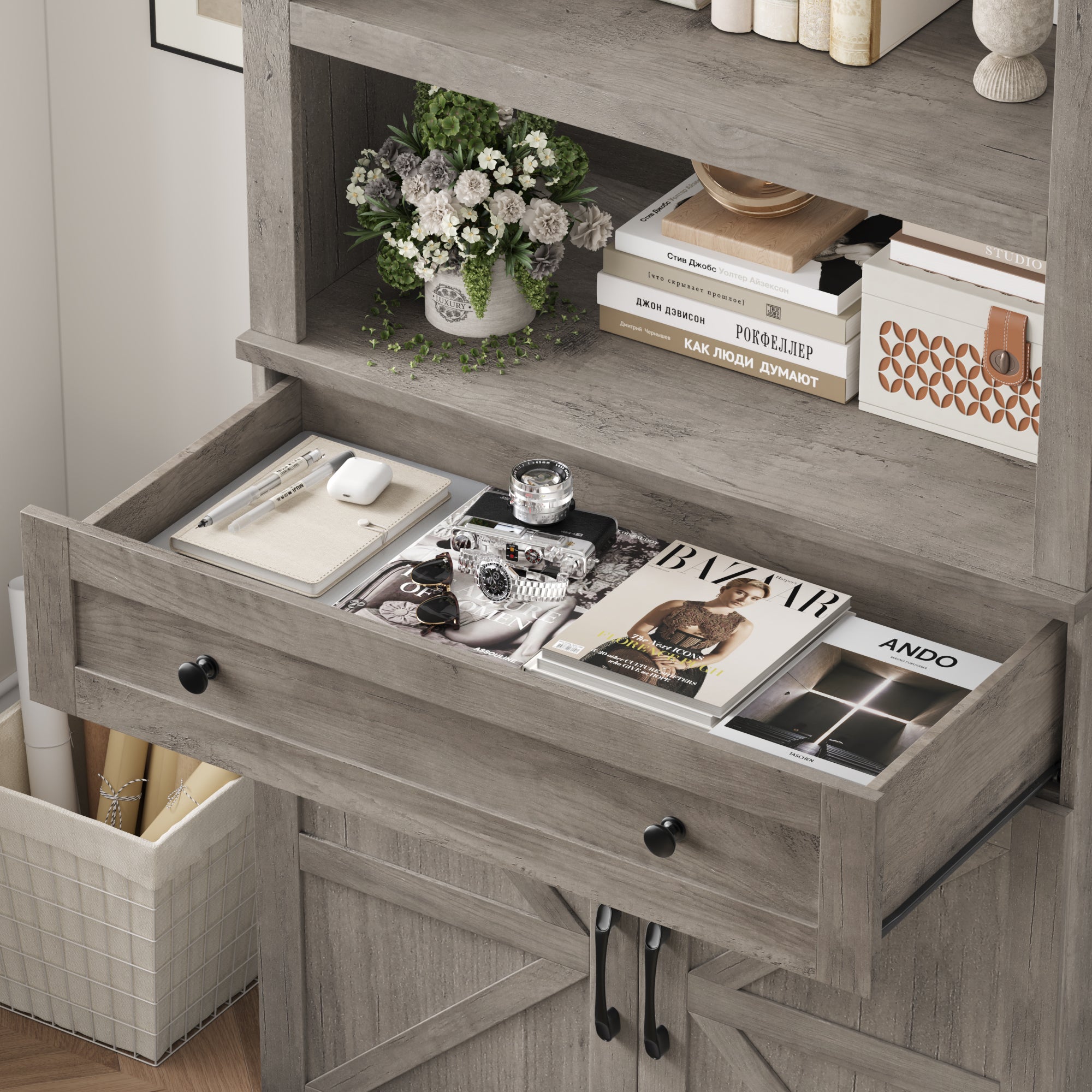 Hiphuta Bookcase with Doors, 71.6"Tall bookshelves with Storage, 5 Shelf Display Storgae Shelves, Bookshelves and Bookcases with 2 Doors for Home Office, Living Room, Bedroom, Ash Gray