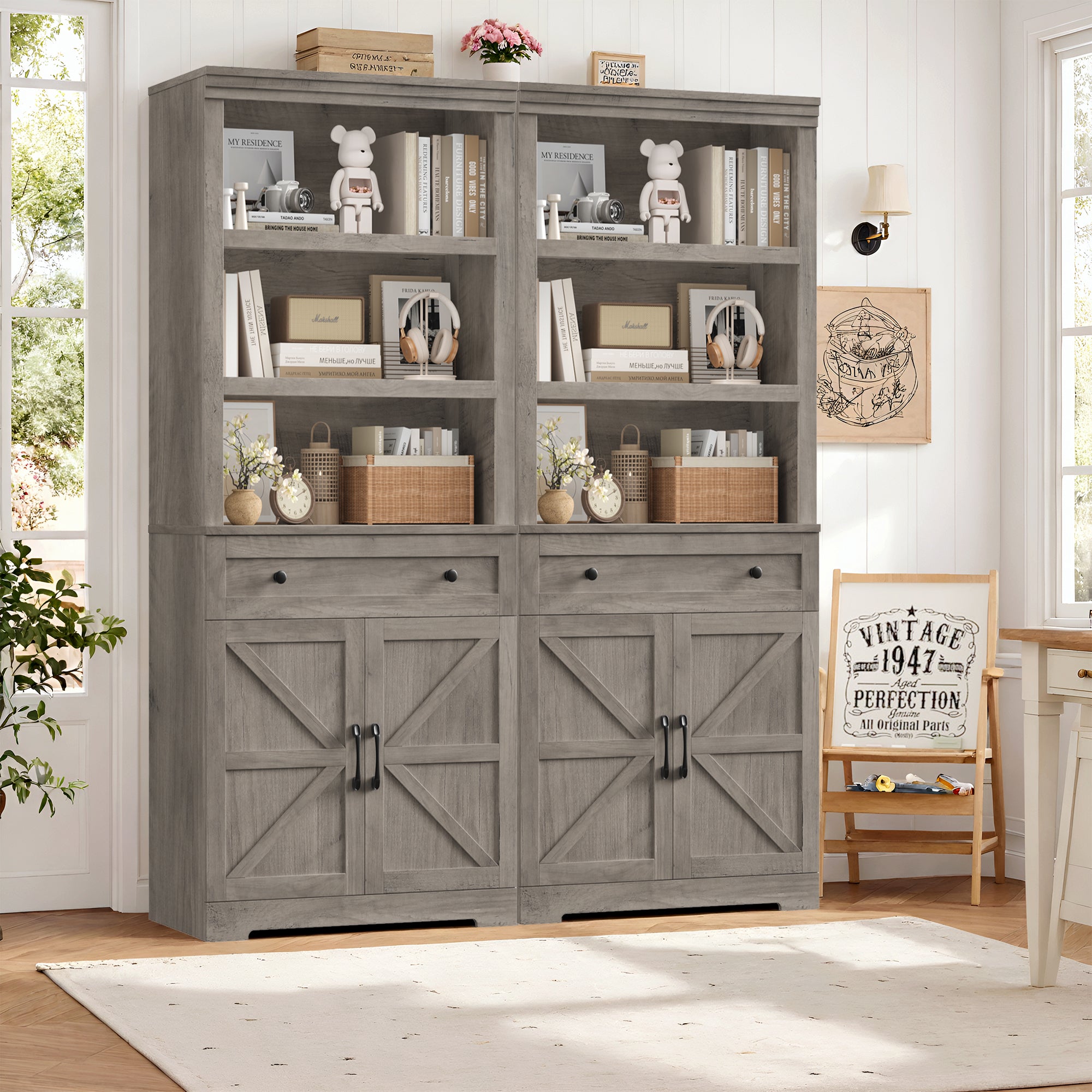 Hiphuta Bookcase with Doors, 71.6"Tall bookshelves with Storage, 5 Shelf Display Storgae Shelves, Bookshelves and Bookcases with 2 Doors for Home Office, Living Room, Bedroom, Ash Gray