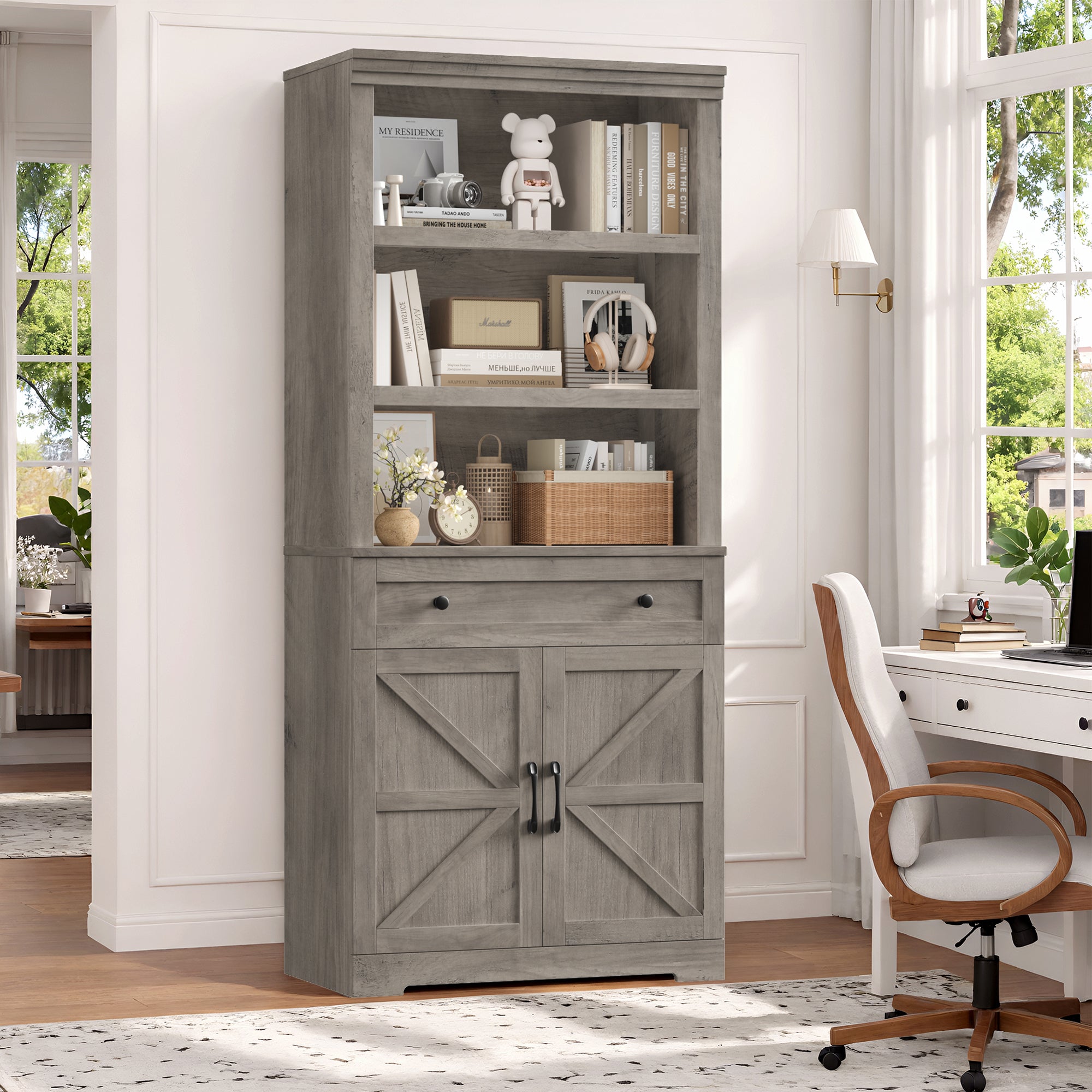 Hiphuta Bookcase with Doors, 71.6"Tall bookshelves with Storage, 5 Shelf Display Storgae Shelves, Bookshelves and Bookcases with 2 Doors for Home Office, Living Room, Bedroom, Ash Gray