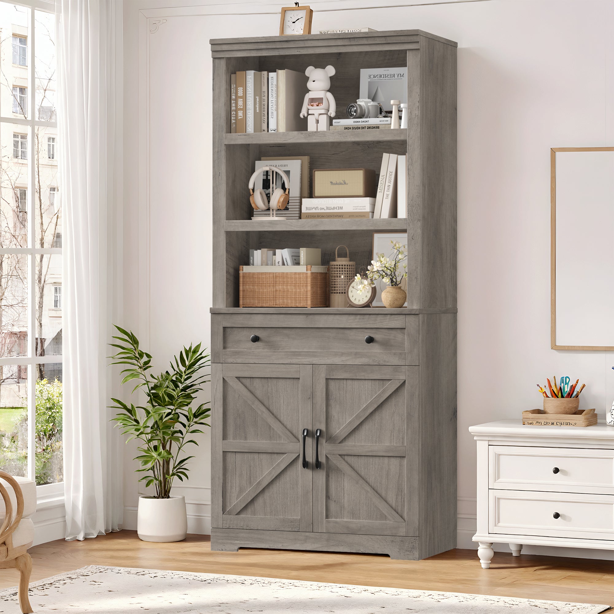 Hiphuta Bookcase with Doors, 71.6"Tall bookshelves with Storage, 5 Shelf Display Storgae Shelves, Bookshelves and Bookcases with 2 Doors for Home Office, Living Room, Bedroom, Ash Gray