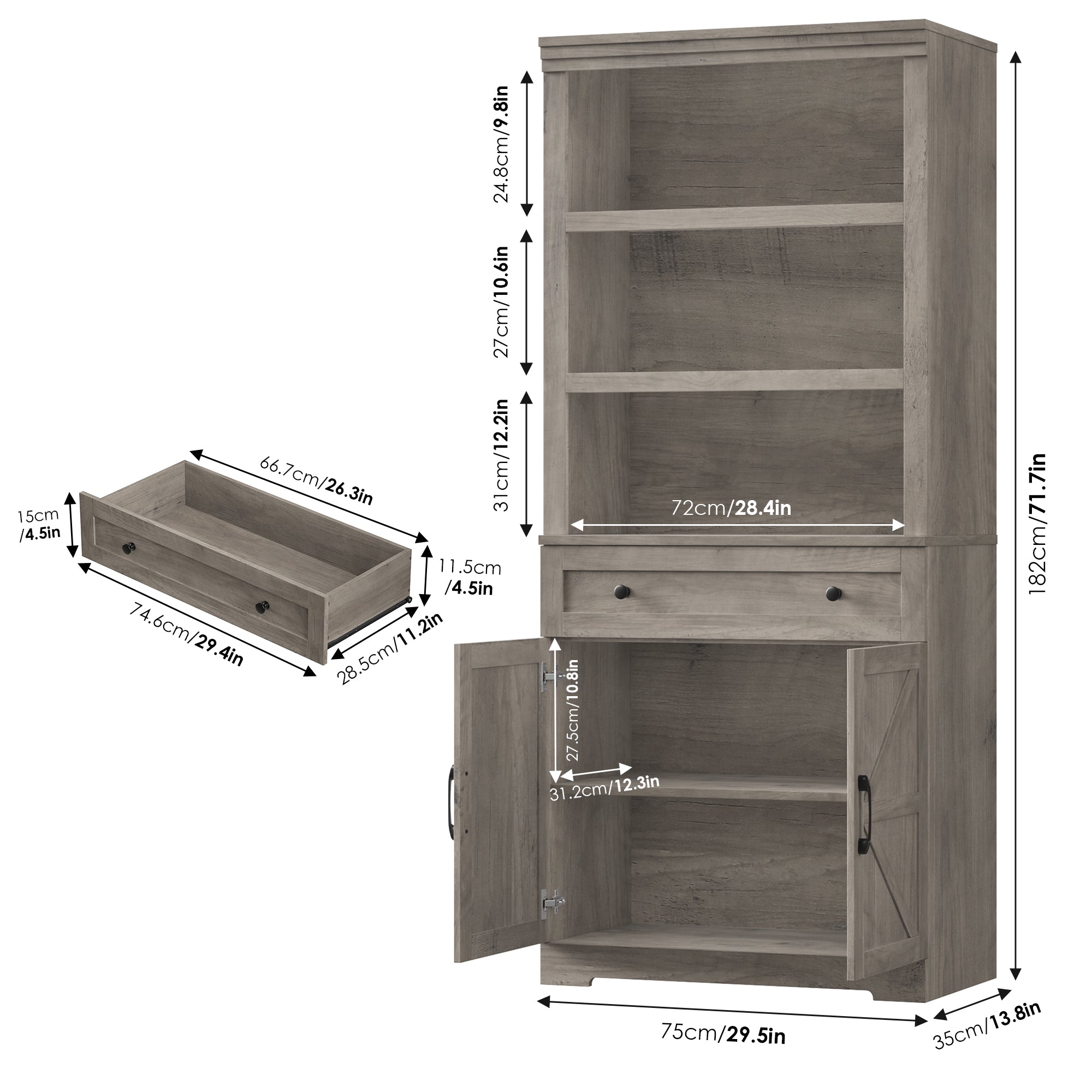 Hiphuta Bookcase with Doors, 71.6"Tall bookshelves with Storage, 5 Shelf Display Storgae Shelves, Bookshelves and Bookcases with 2 Doors for Home Office, Living Room, Bedroom, Ash Gray