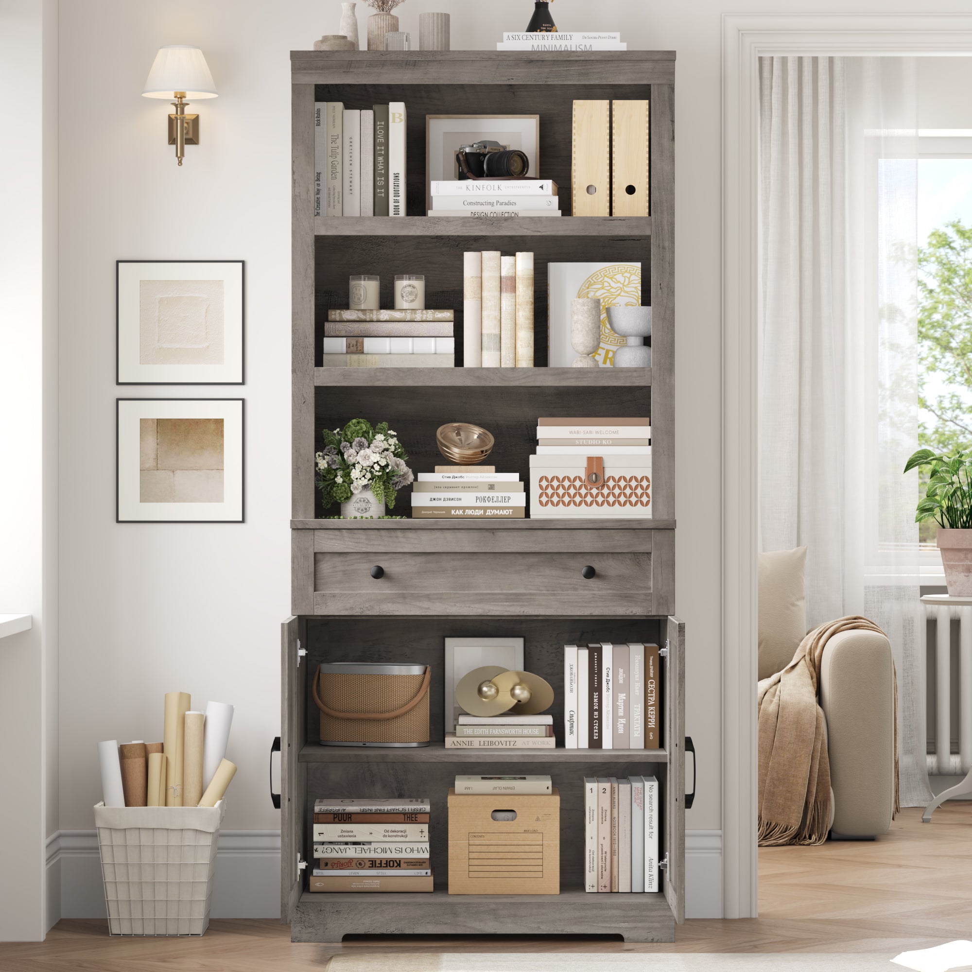 Hiphuta Bookcase with Doors, 71.6"Tall bookshelves with Storage, 5 Shelf Display Storgae Shelves, Bookshelves and Bookcases with 2 Doors for Home Office, Living Room, Bedroom, Ash Gray