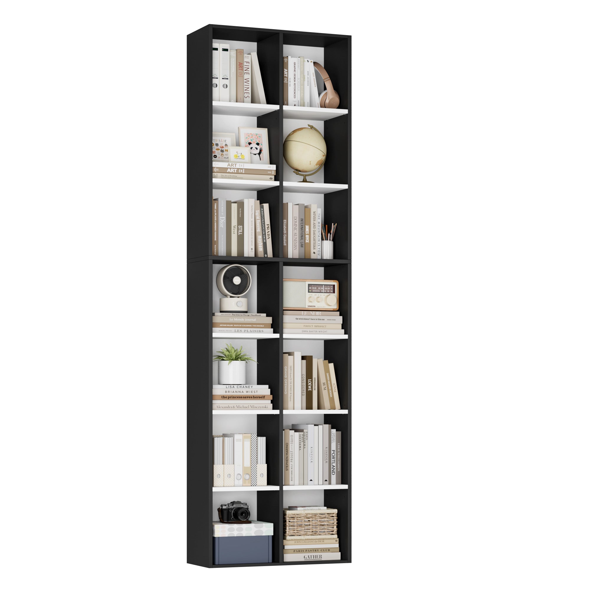 Hiphuta Tall Narrow Bookshelf 14 Tiers, Compact Corner Bookcase, Easy to Match for Living Room, Office, Study, Bedroom, Black & White