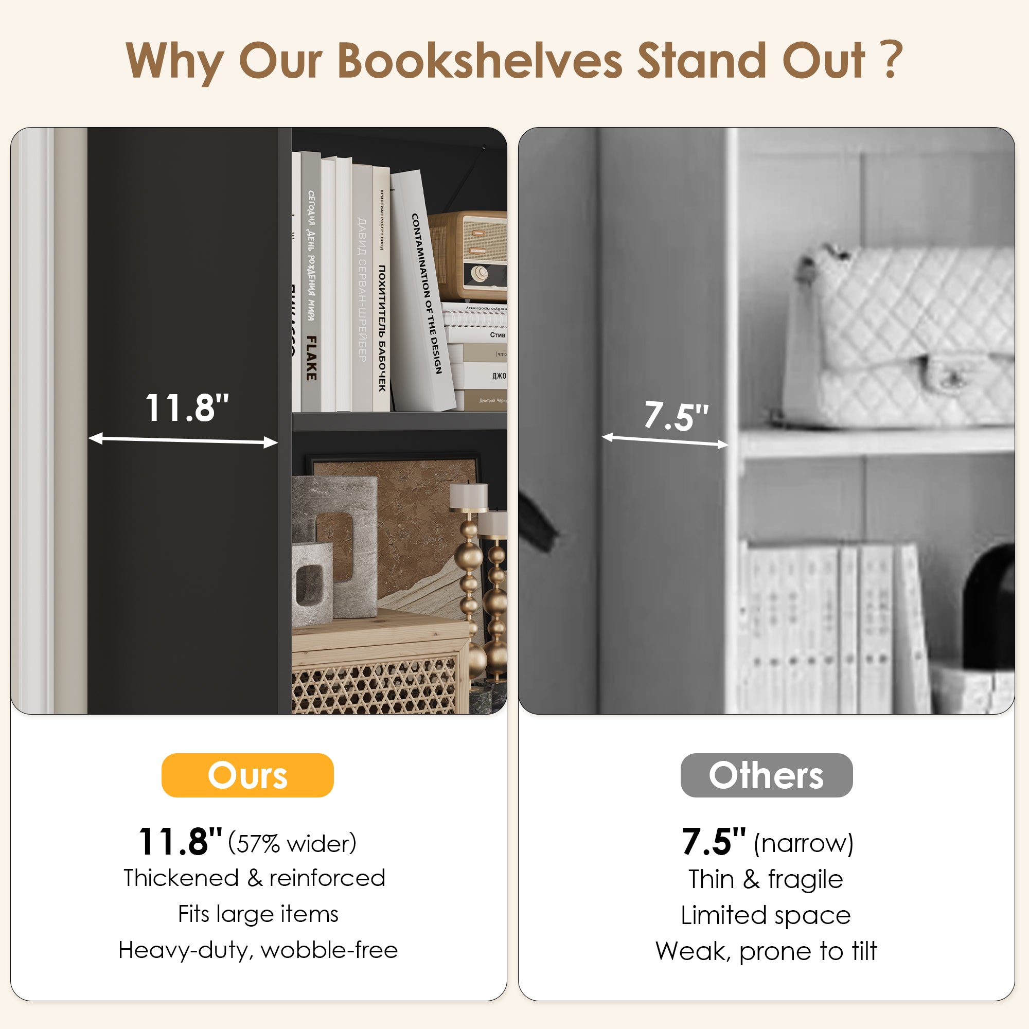 Hiphuta 71"H x 47.2"W Standard Bookcase, Tall Bookcase for Bedroom, Living Room and Office, Freestanding Display Storage Shelves, Black