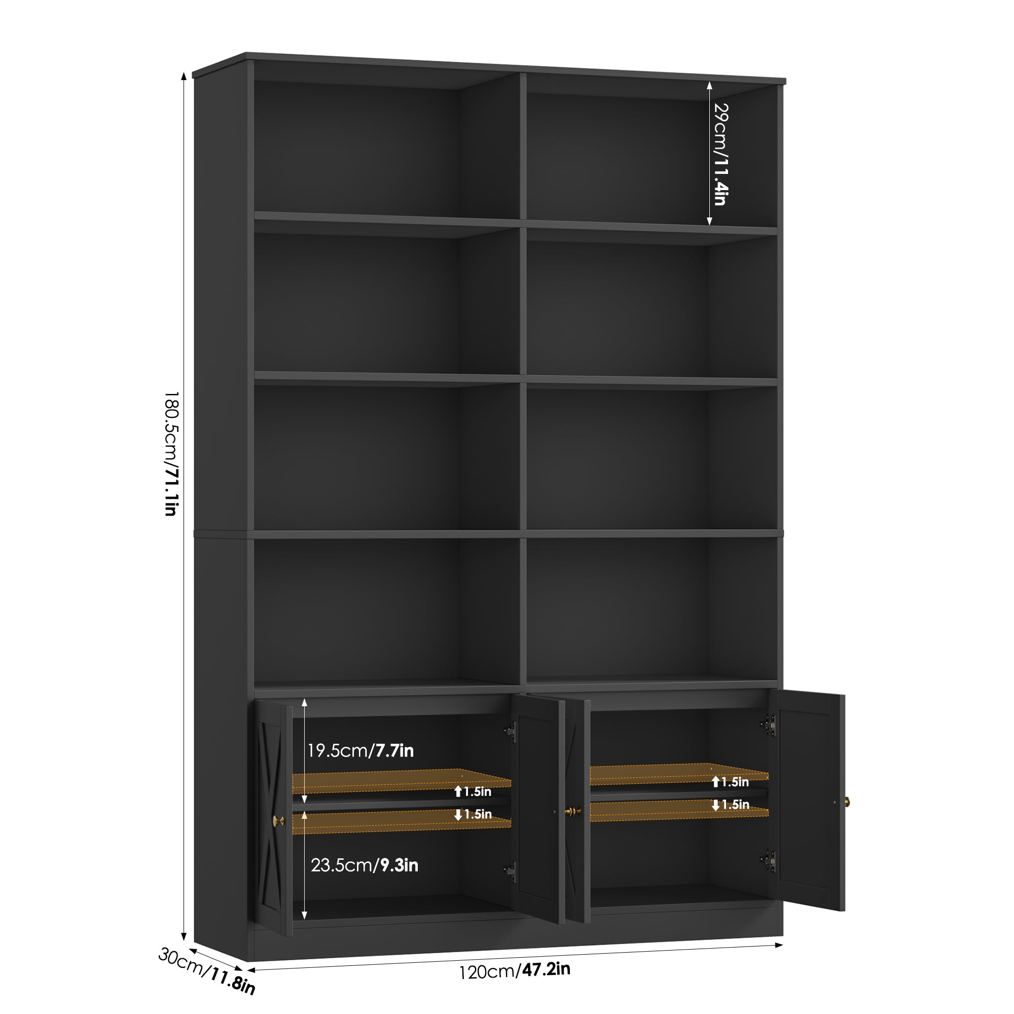 Hiphuta 71"H x 47.2"W Standard Bookcase, Tall Bookcase for Bedroom, Living Room and Office, Freestanding Display Storage Shelves, Black
