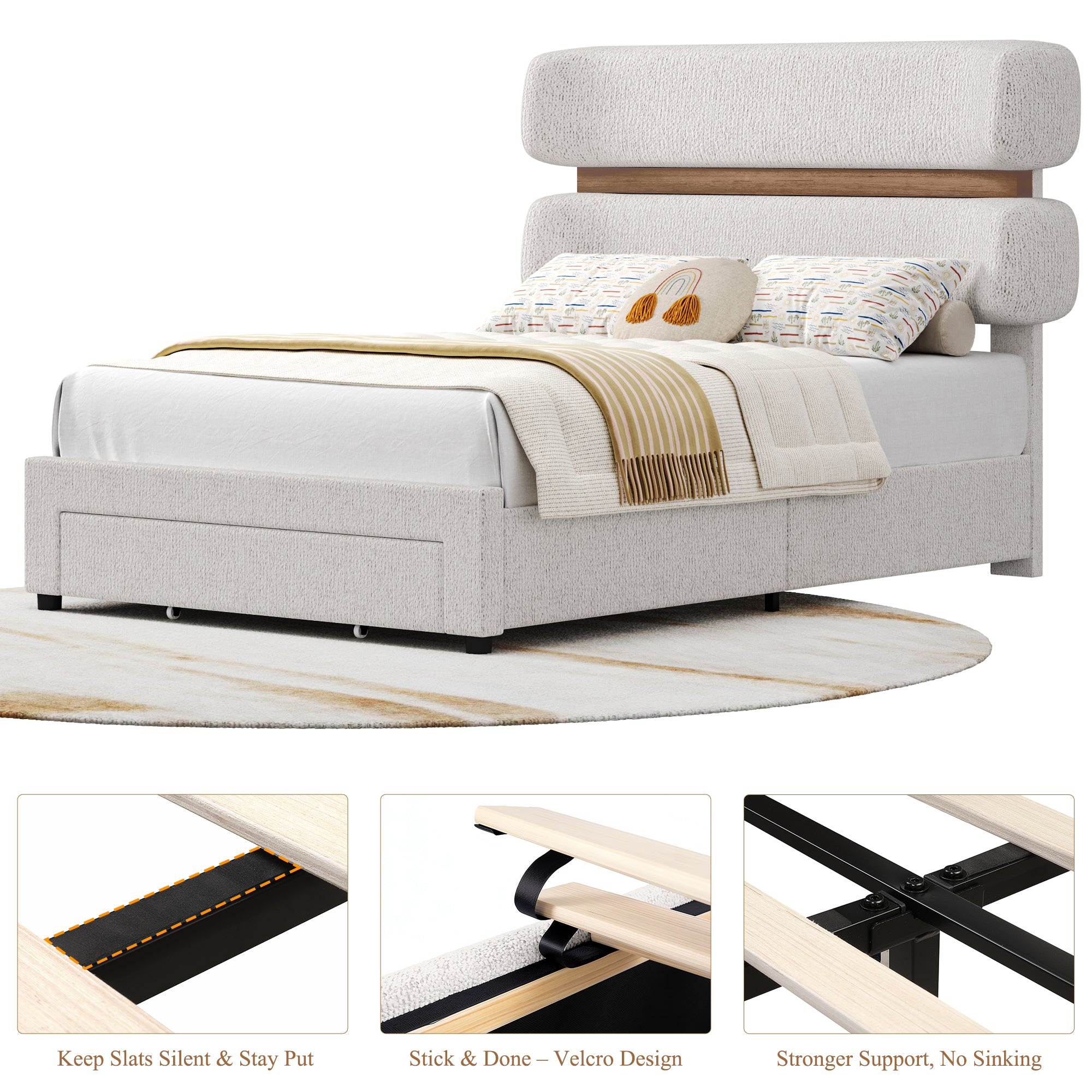 Hiphuta Chenille Twin Bed Frame, Twin Size Upholstered Beds with Storage Drawer and LED, White