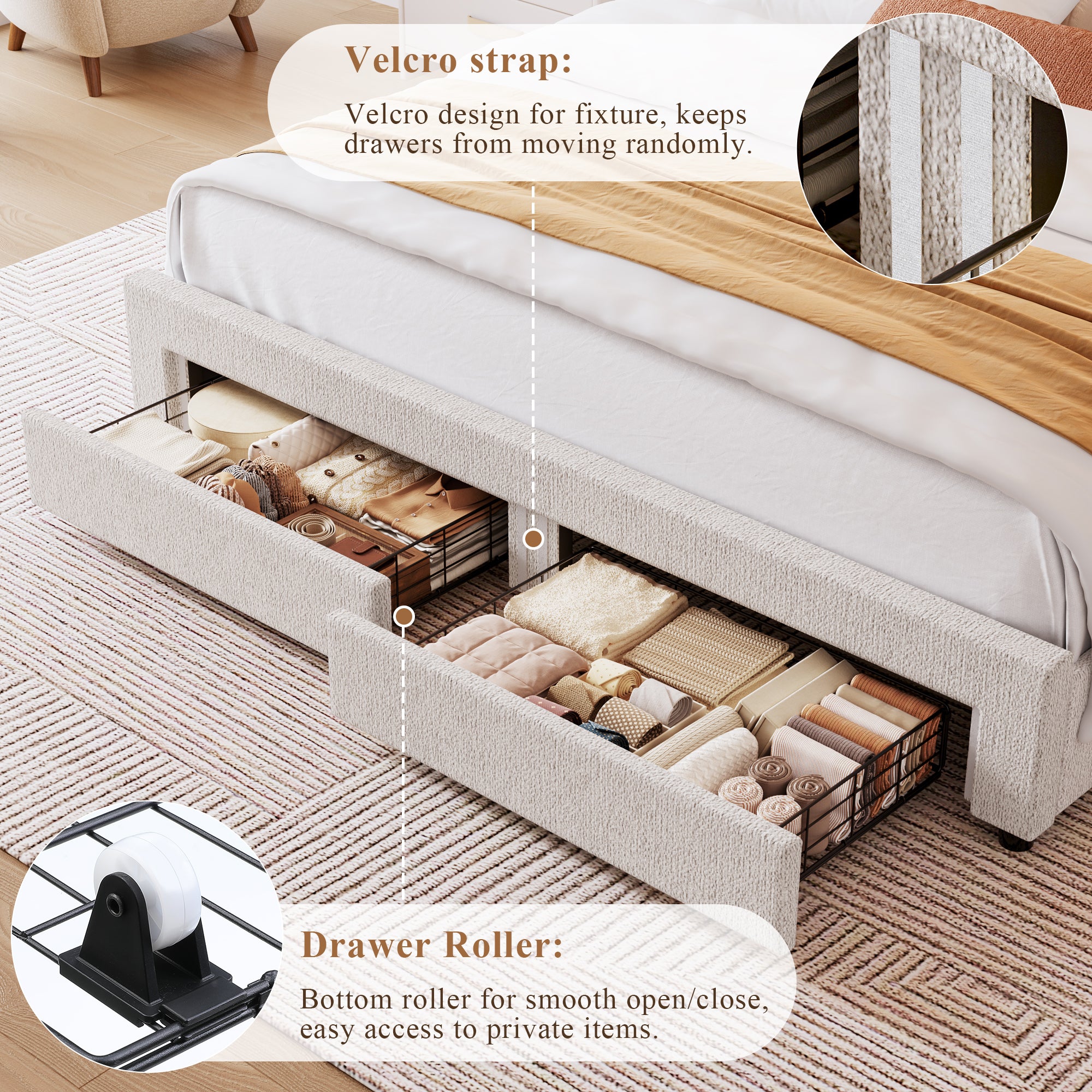 Hiphuta Chenille King Bed Frame, King Size Upholstered Beds with Storage Drawer and LED, White