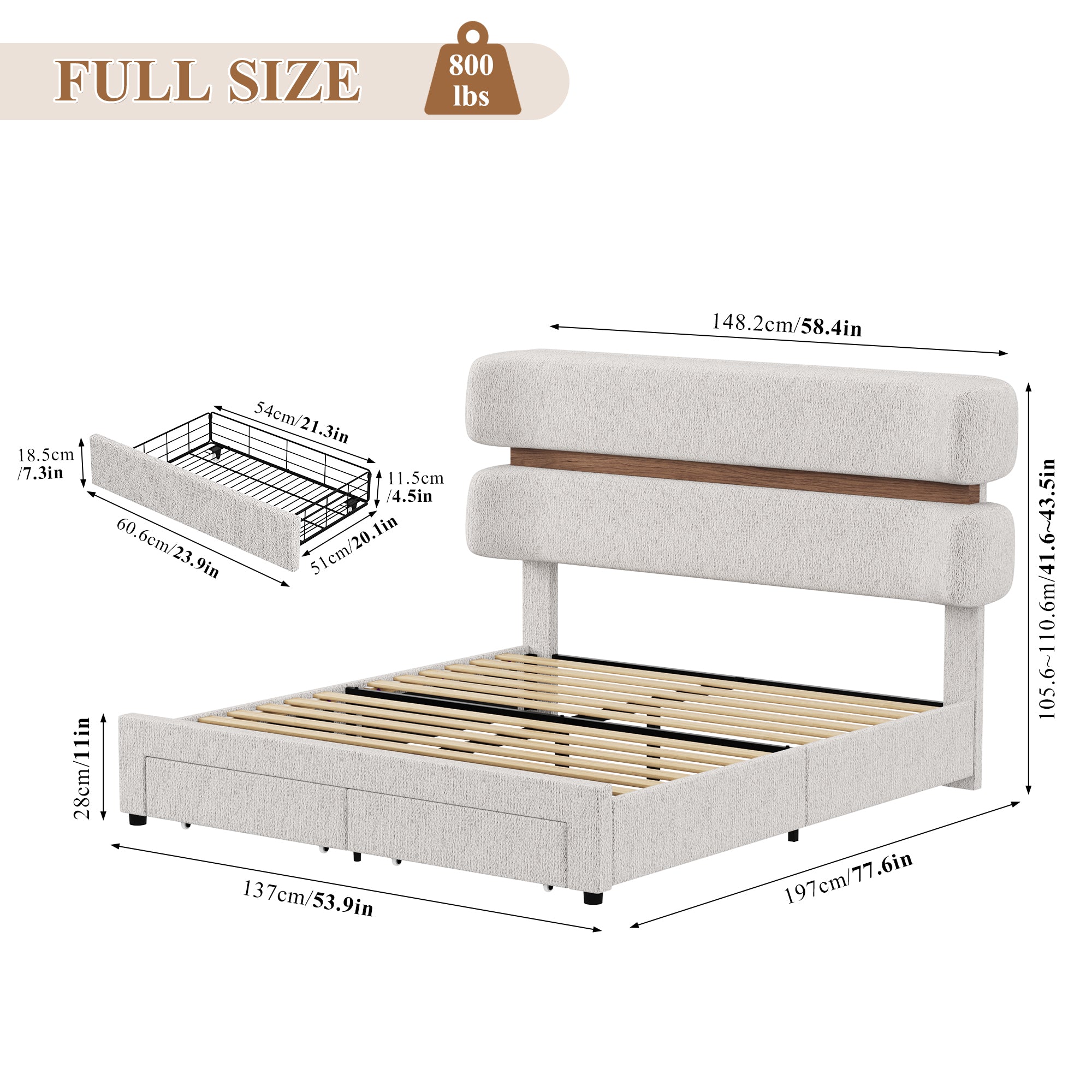 Hiphuta Chenille Full Bed Frame, Full Size Upholstered Beds with Storage Drawer and LED, White