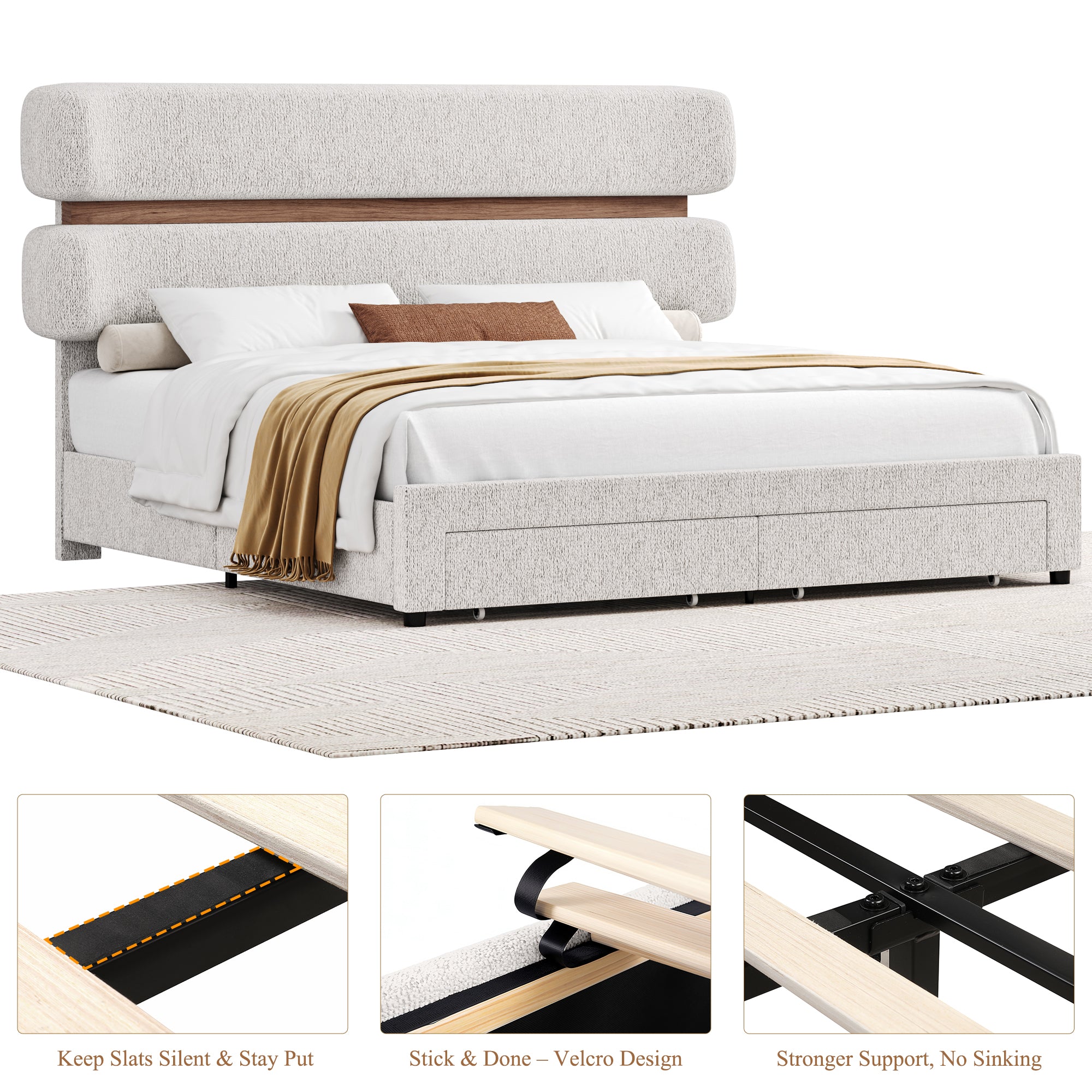Hiphuta Chenille King Bed Frame, King Size Upholstered Beds with Storage Drawer and LED, White