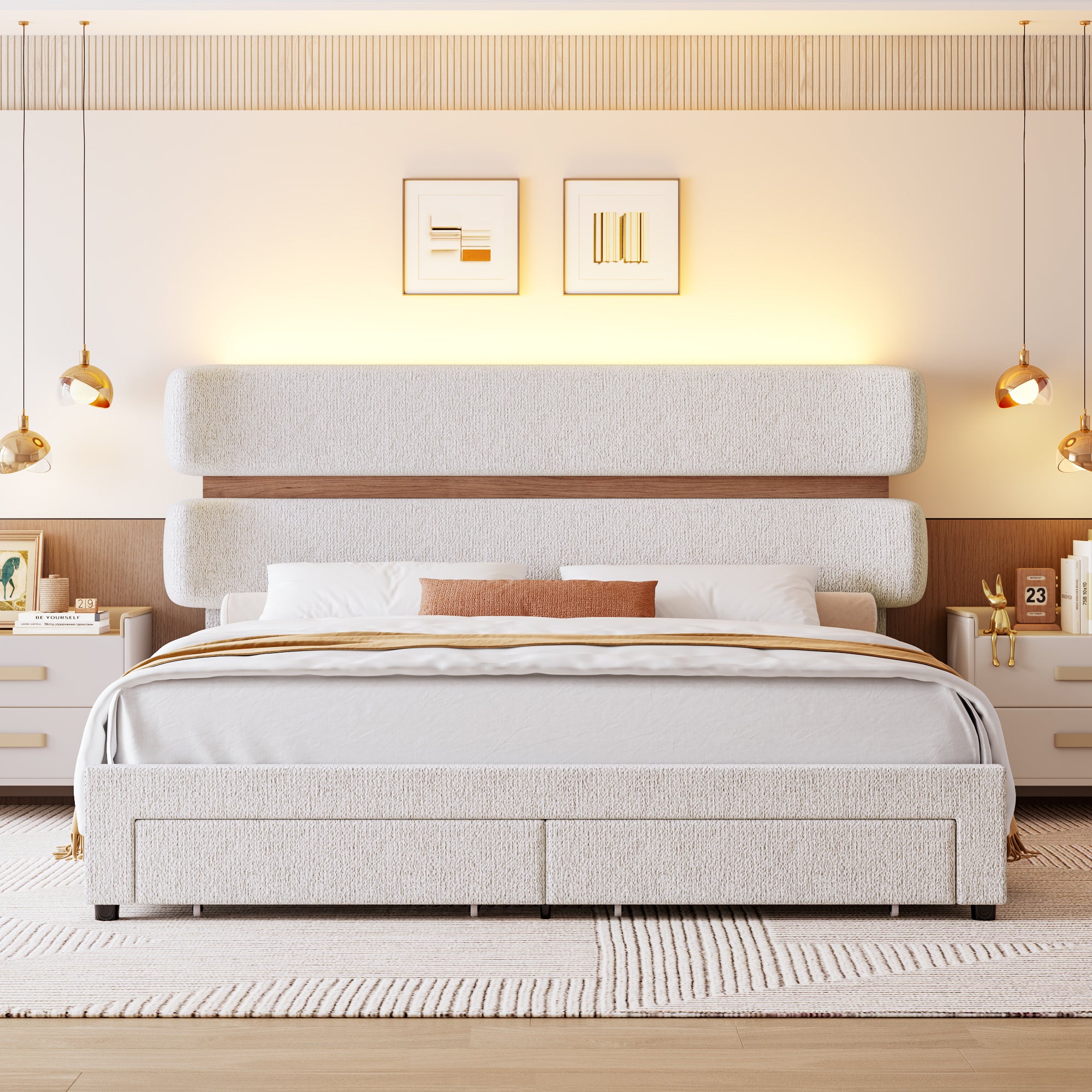 Hiphuta Chenille Full Bed Frame, Full Size Upholstered Beds with Storage Drawer and LED, White