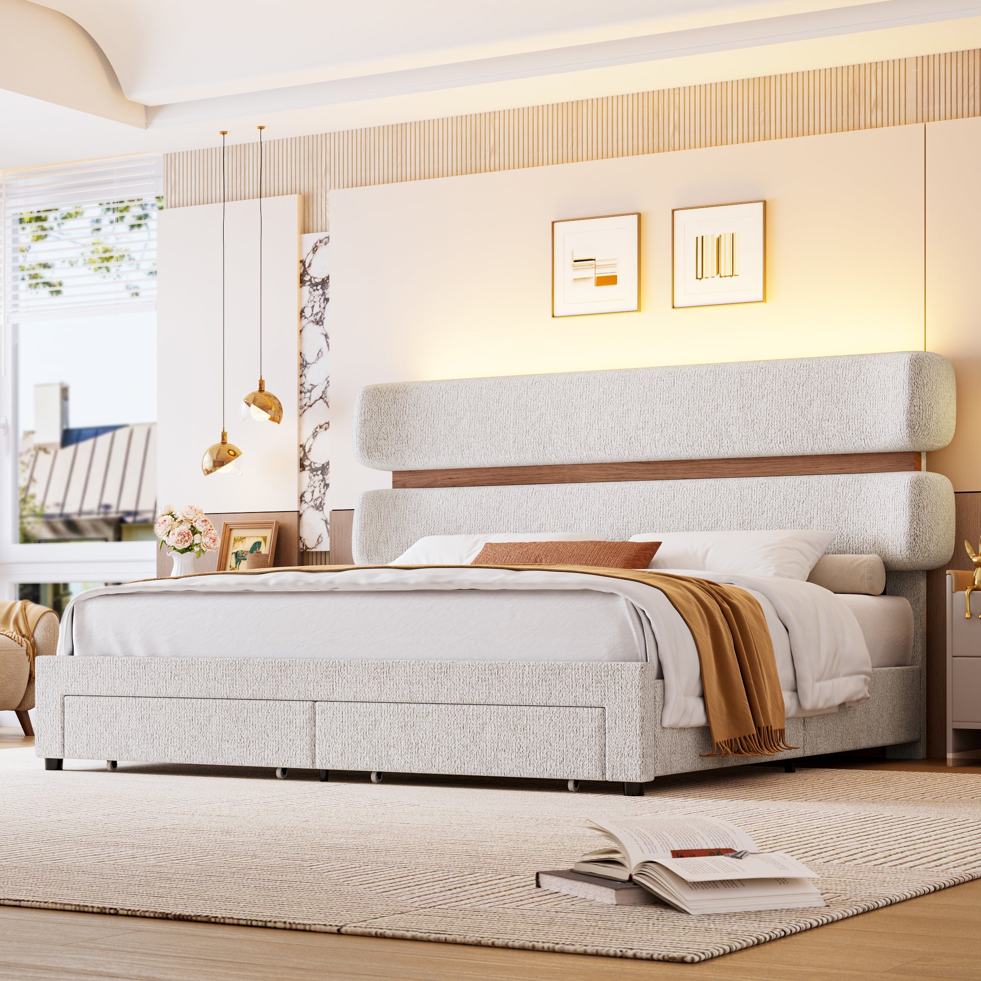 Hiphuta Chenille King Bed Frame, King Size Upholstered Beds with Storage Drawer and LED, White