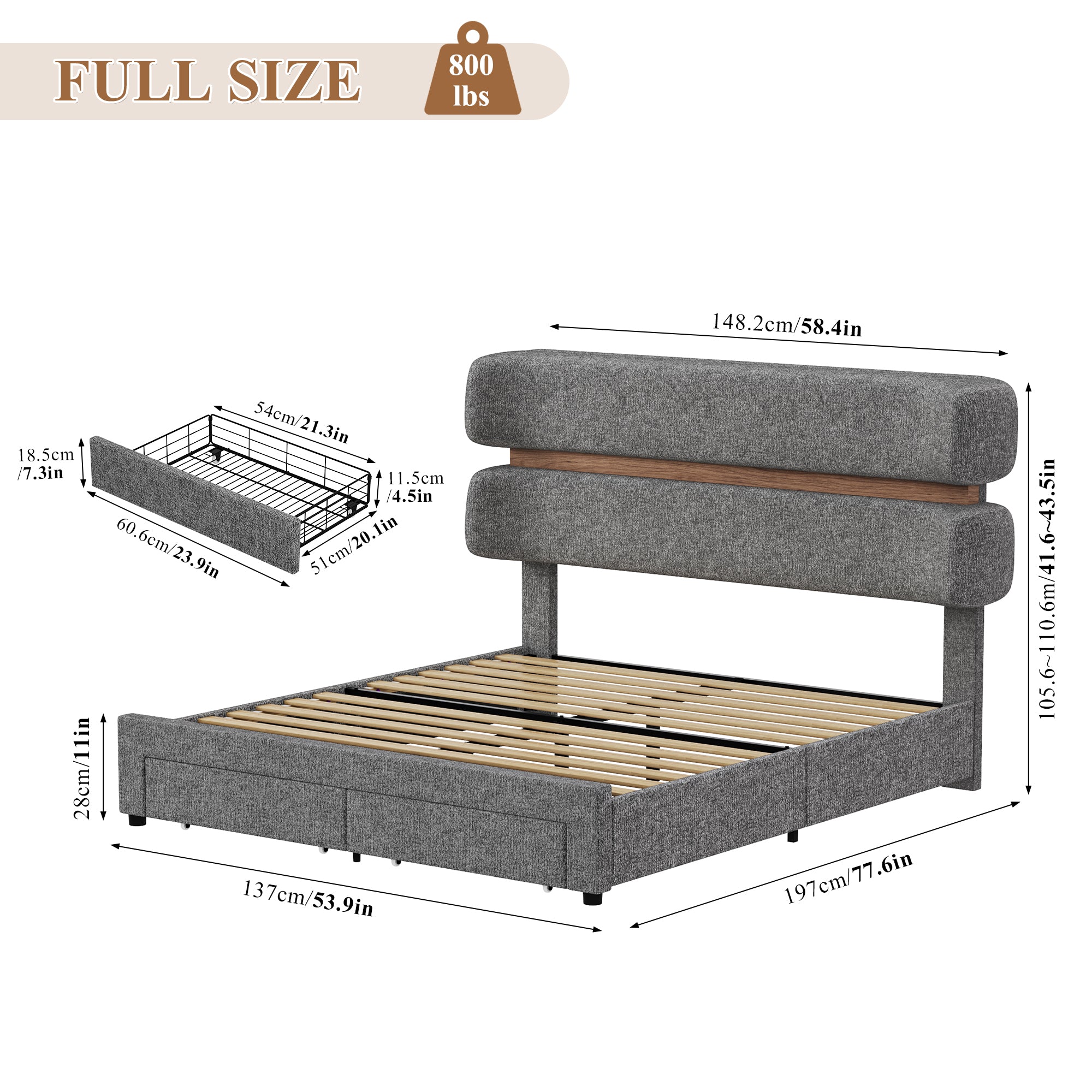 Hiphuta Chenille Full Bed Frame, Full Size Upholstered Beds with Storage Drawer and LED, Gray